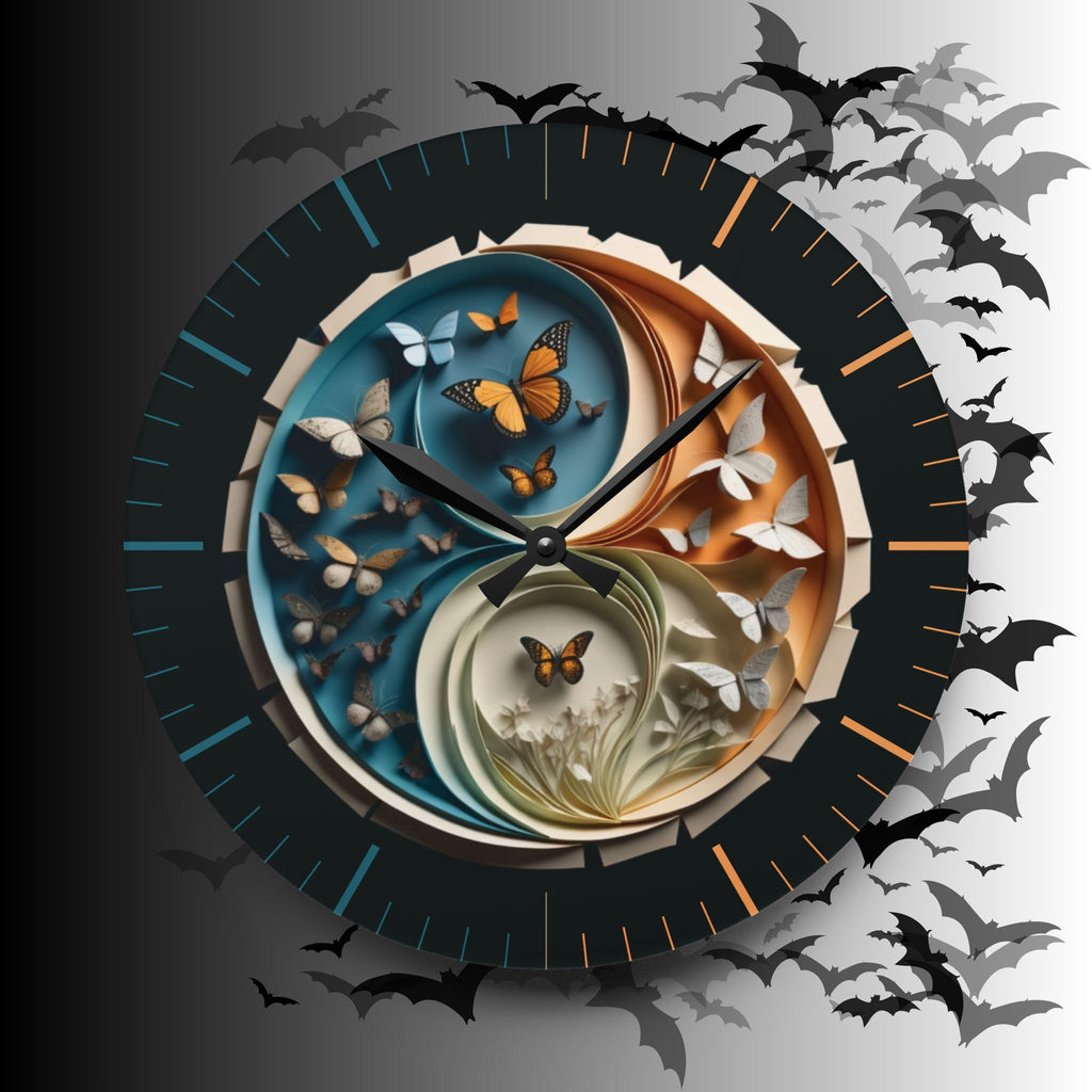 Origami Style Yin Yang Butterfly Acrylic Art Print Wall Clock Teal Orange — NOT Real Origami, Zen Home Decor