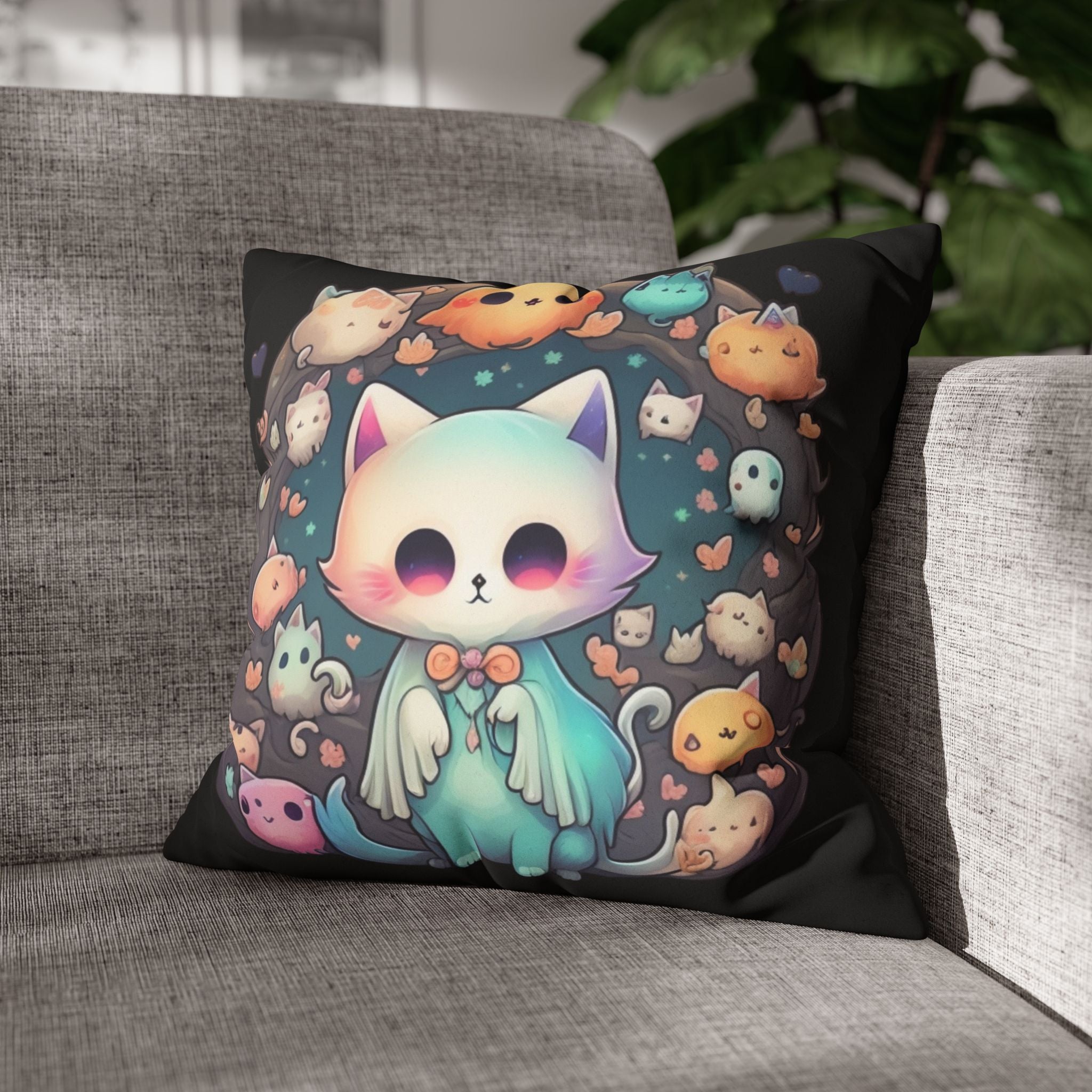 Creepy Cute Kawaii Ghost Cat Throw Pillow — Pastel Goth Dark Home Decor