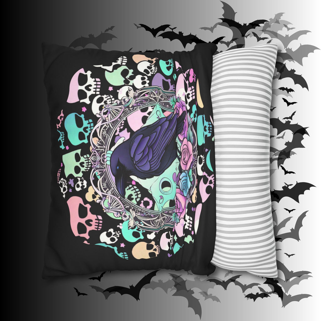 Pastel Goth Raven Skull Throw Pillow — Dark Floral Gothic Home Decor