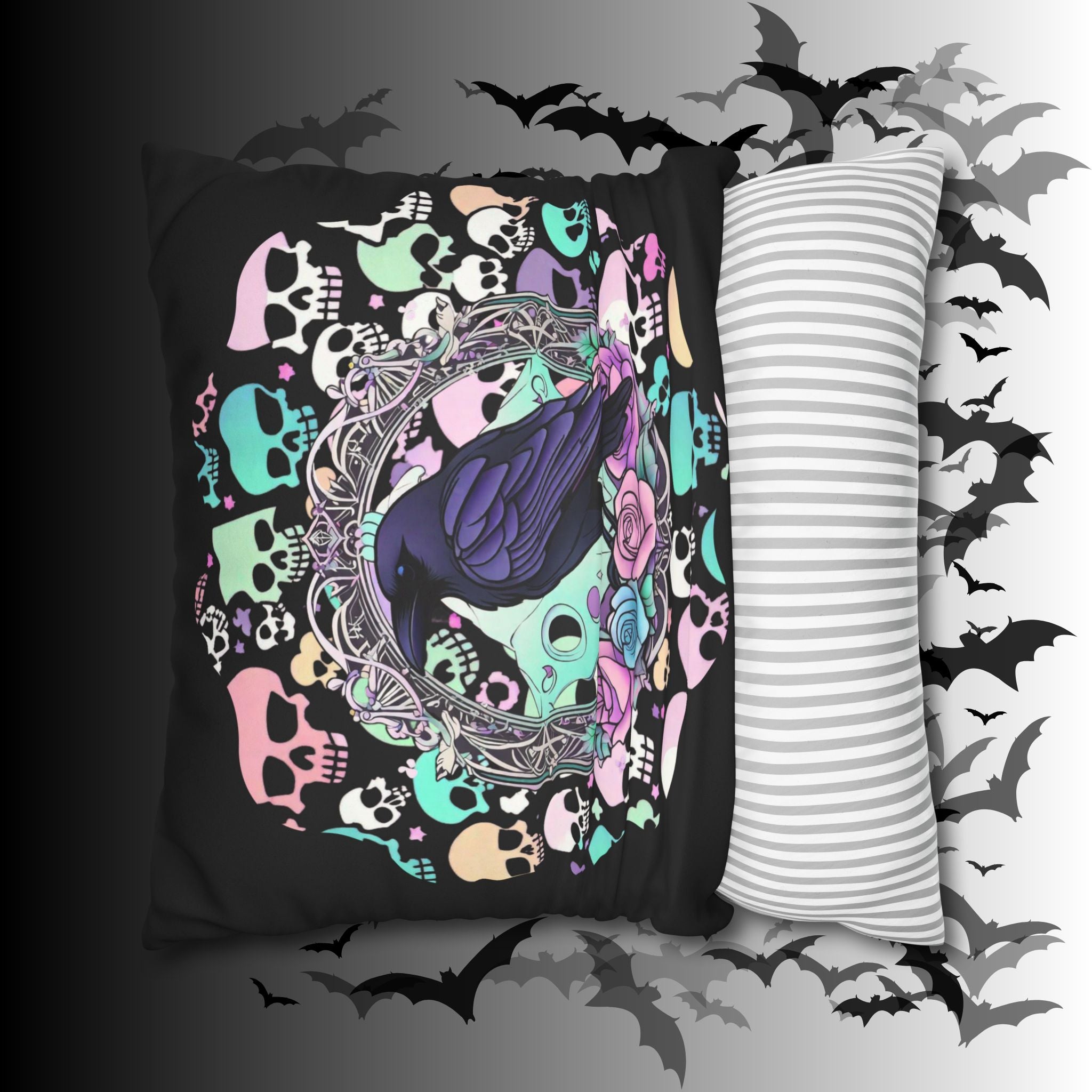 Pastel Goth Raven Skull Throw Pillow — Dark Floral Gothic Home Decor