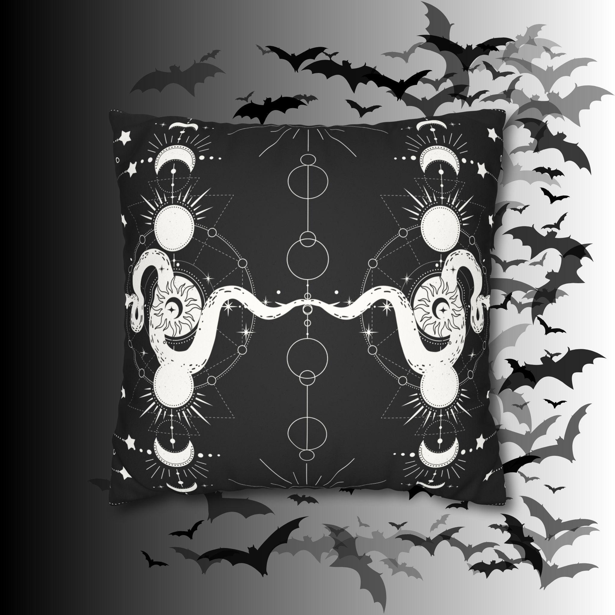 Celestial Snake Moon Phases Throw Pillow — Witchy Gothic Dark Home Decor