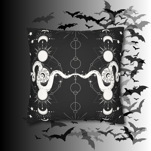 Celestial Snake Moon Phases Throw Pillow — Witchy Gothic Dark Home Decor
