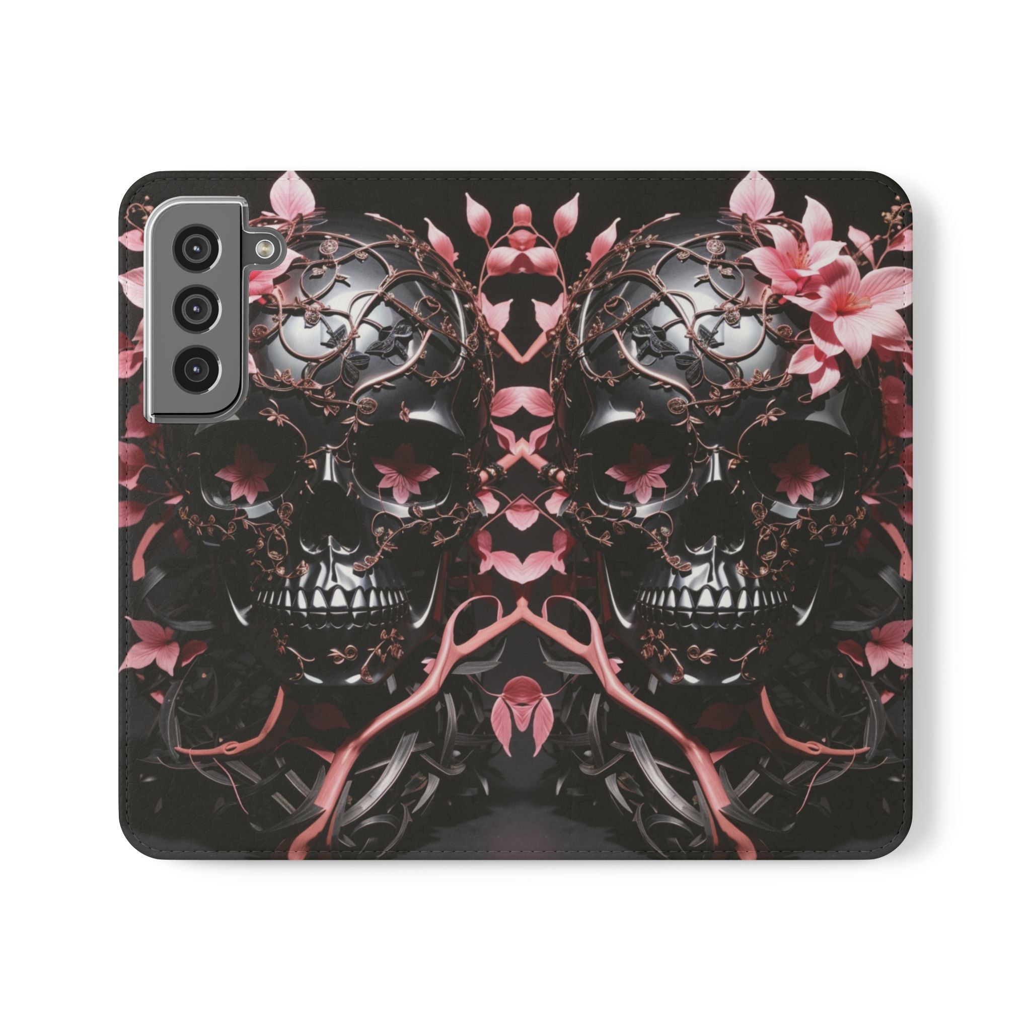 Pink Pastel Goth Skull Flip Wallet Phone Case - Skull Wallet Case for Samsung iPhone - Gothic Style Skull Wallet Phone Cases