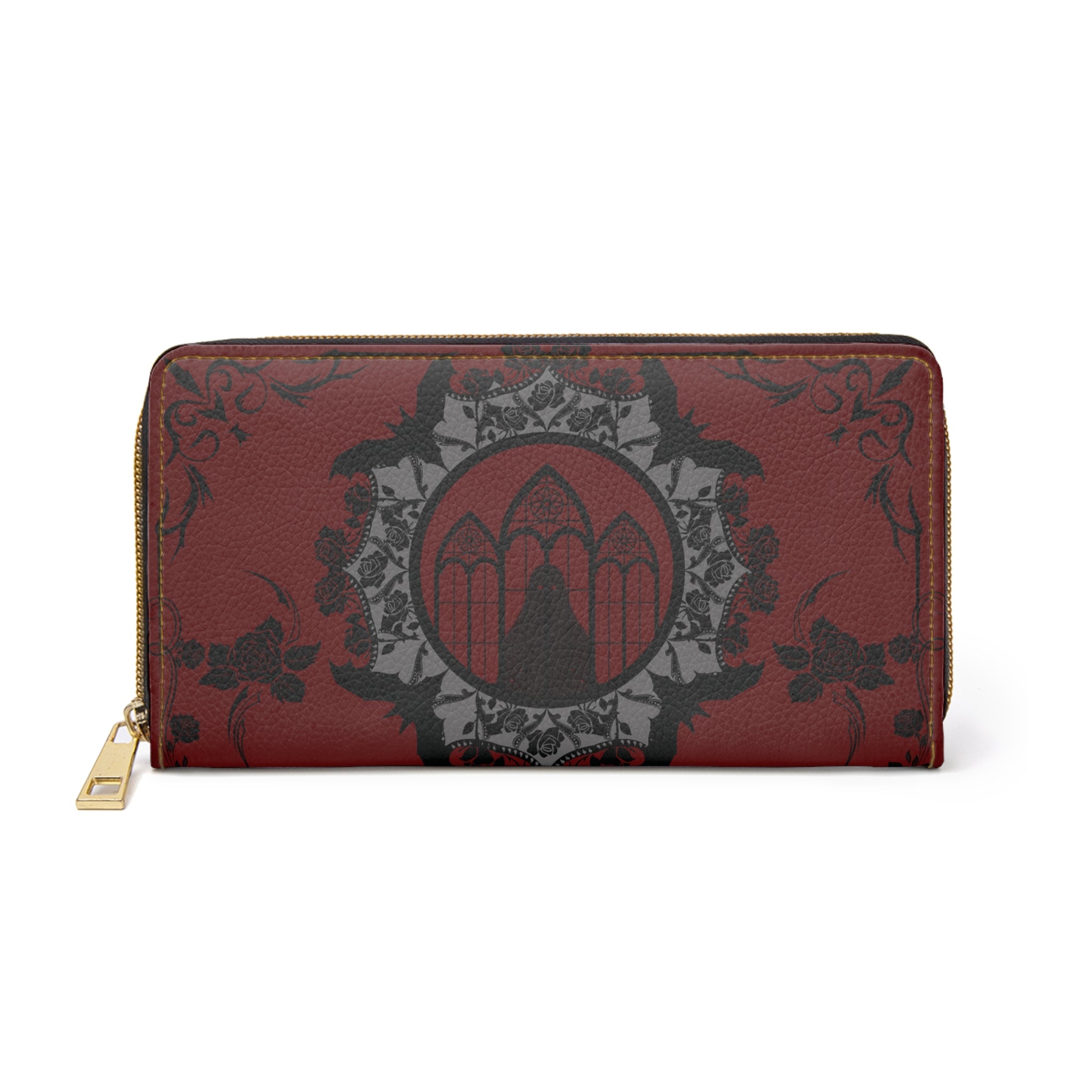 Gothic Cathedral Bat Mandala Wallet | Crimson Rose Faux Leather Zipper Clutch
