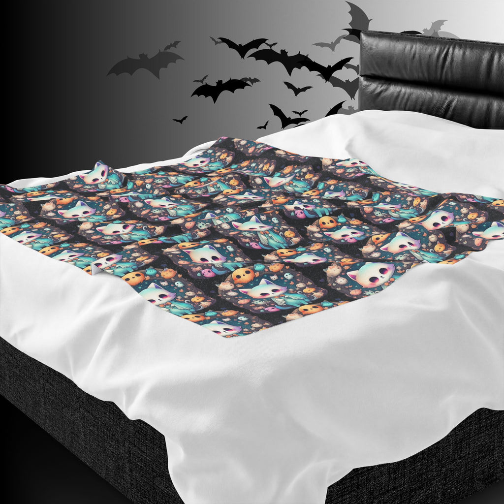 Creepy Cute Kawaii Cat Throw Blanket — Pastel Goth Ghost Dark Home Decor