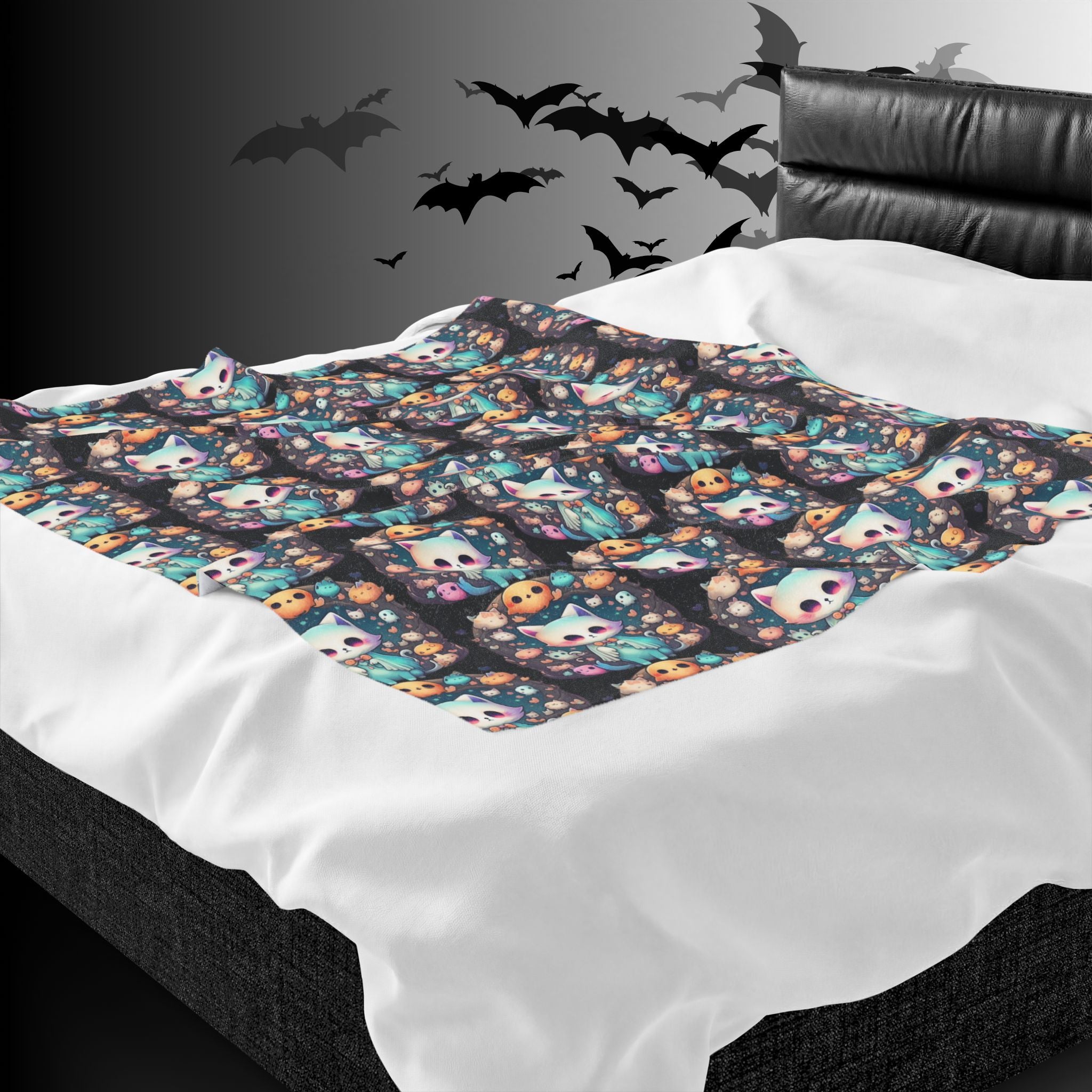 Creepy Cute Kawaii Cat Throw Blanket — Pastel Goth Ghost Dark Home Decor