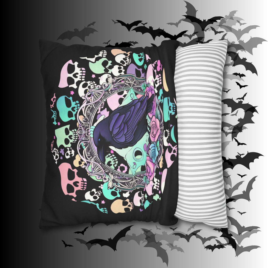 Pastel Goth Raven Skull Throw Pillow — Dark Floral Gothic Home Decor