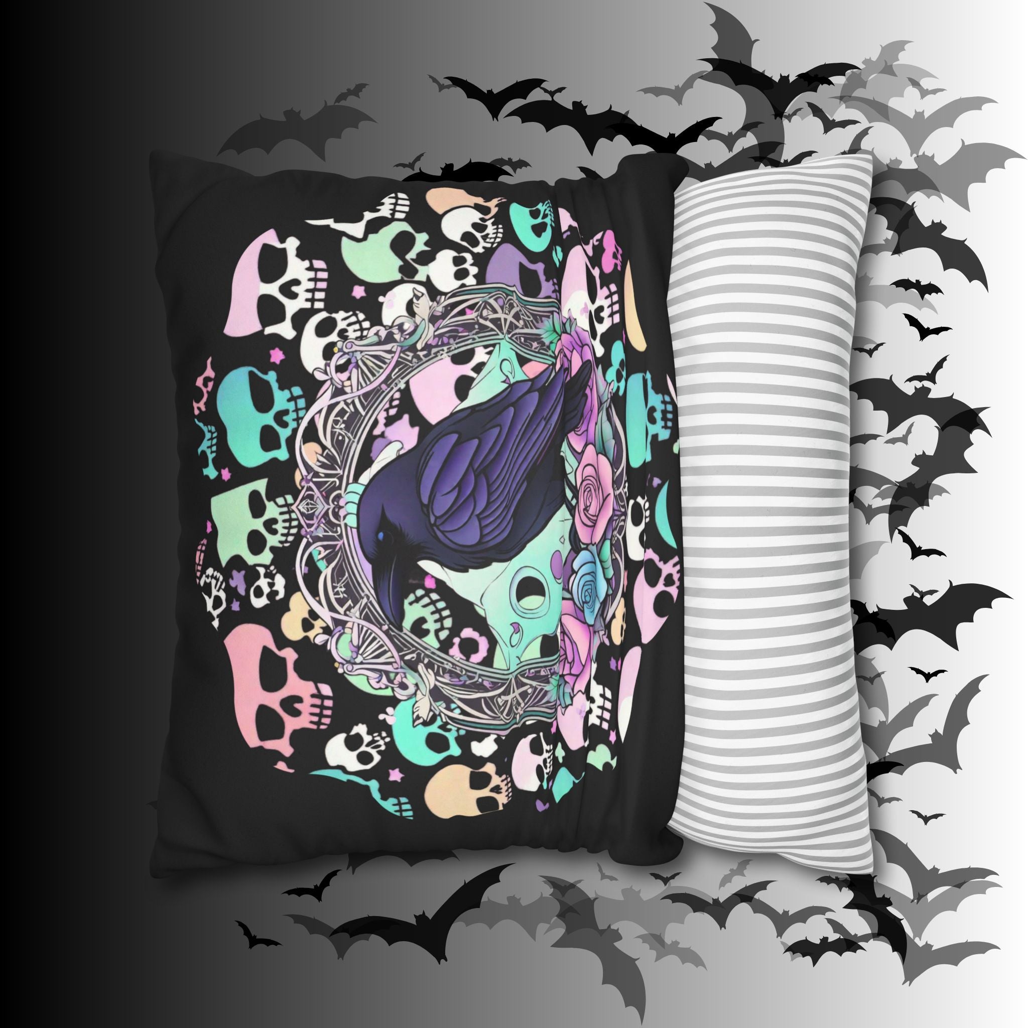 Pastel Goth Raven Skull Throw Pillow — Dark Floral Gothic Home Decor