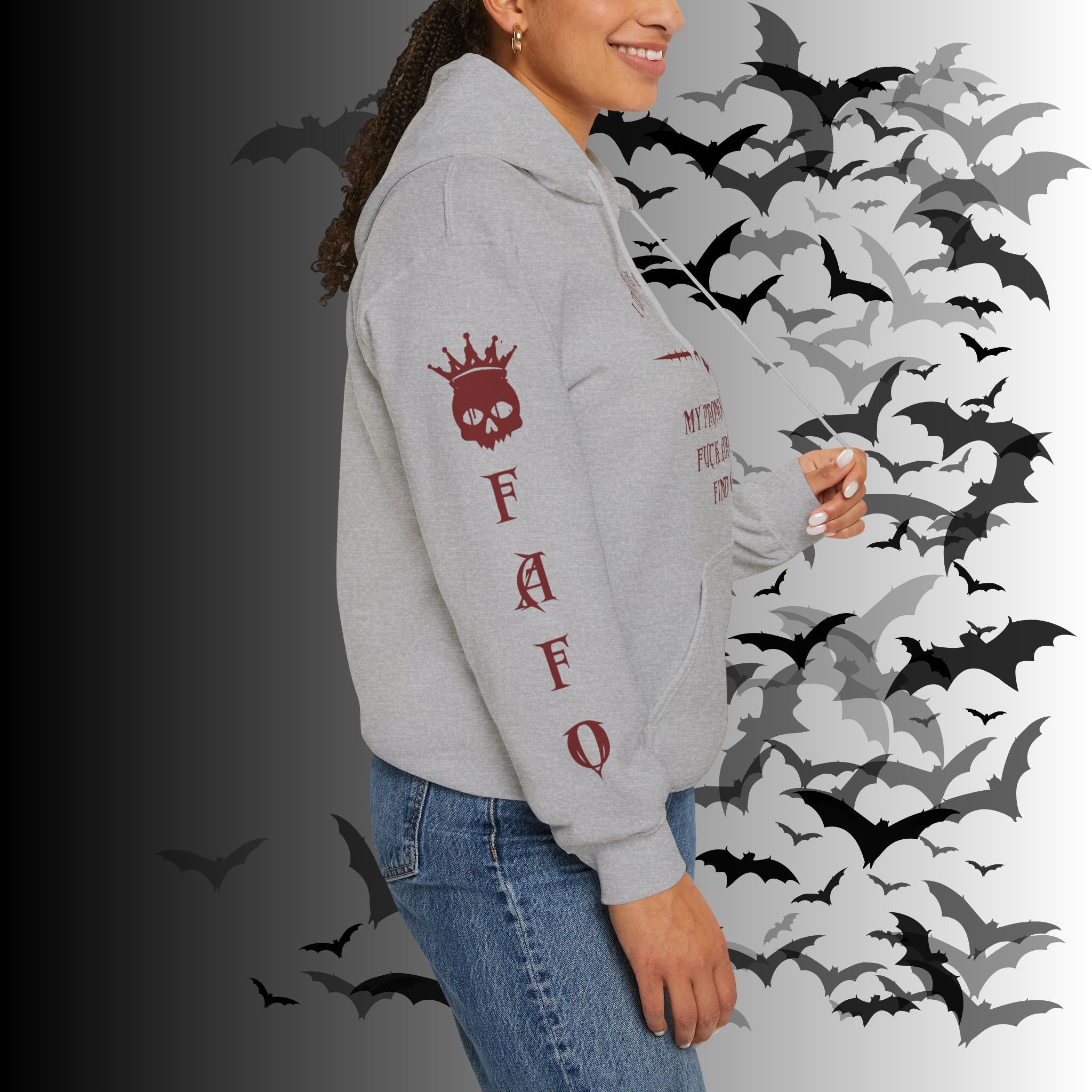 I Identify As a Threat Hoodie — Gothic Skull Sleeve Print Fuck Around Find Out