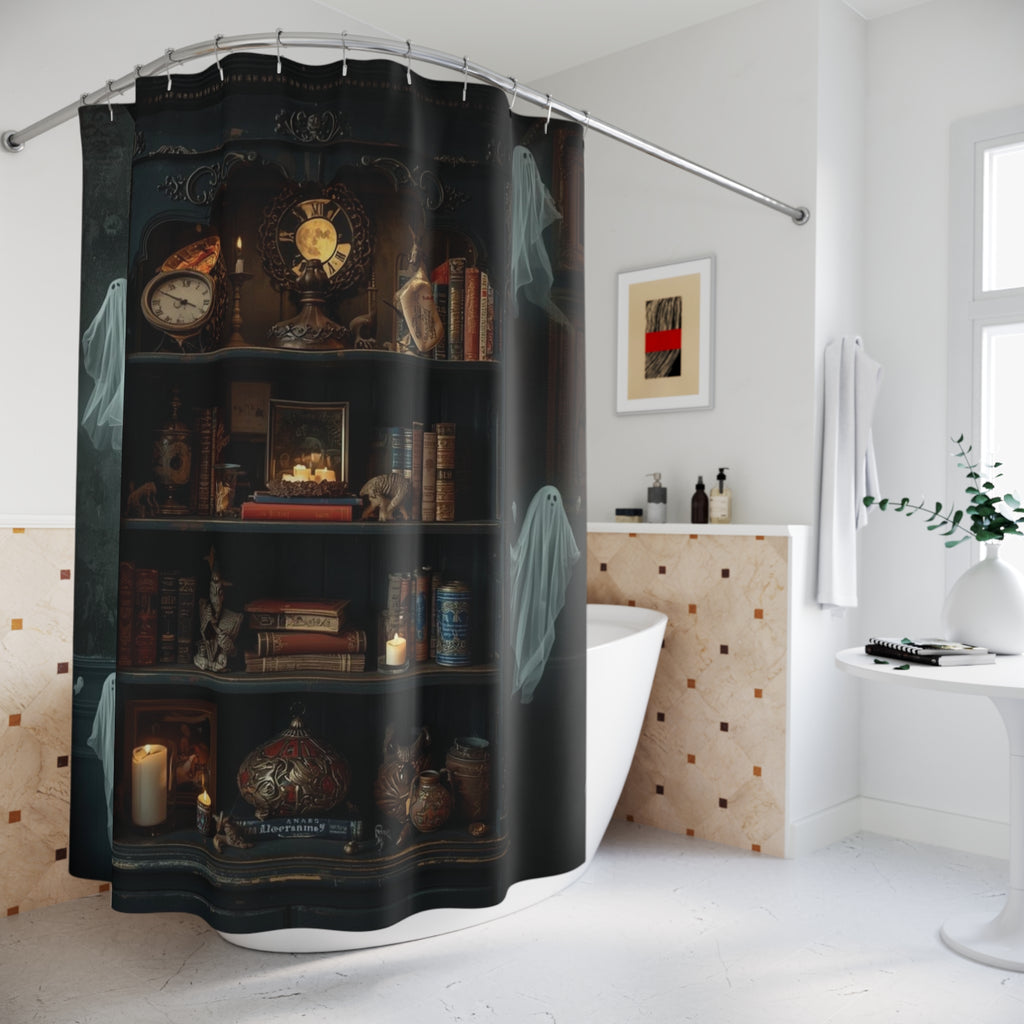 Whimsigoth Bookcase Ghost Shower Curtain — Dark Academia Ghost Library Decor