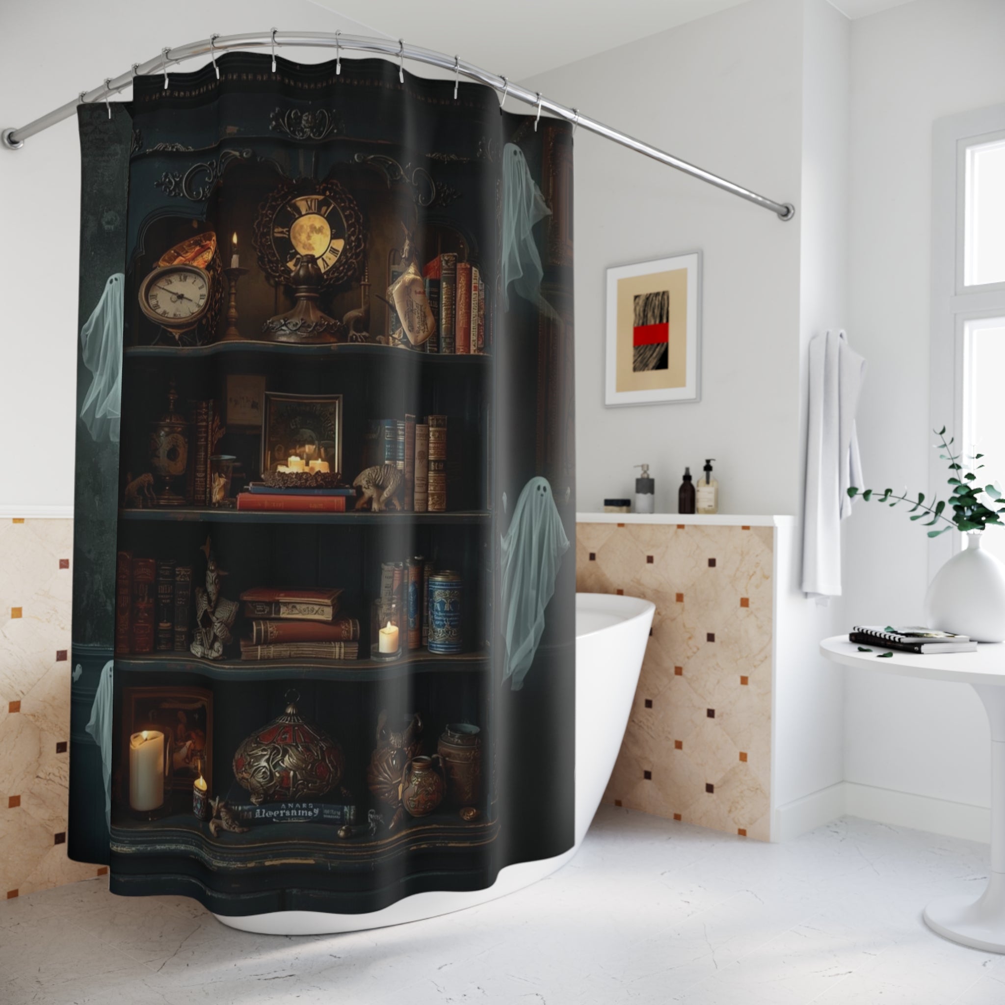 Whimsigoth Bookcase Ghost Shower Curtain — Dark Academia Ghost Library Decor