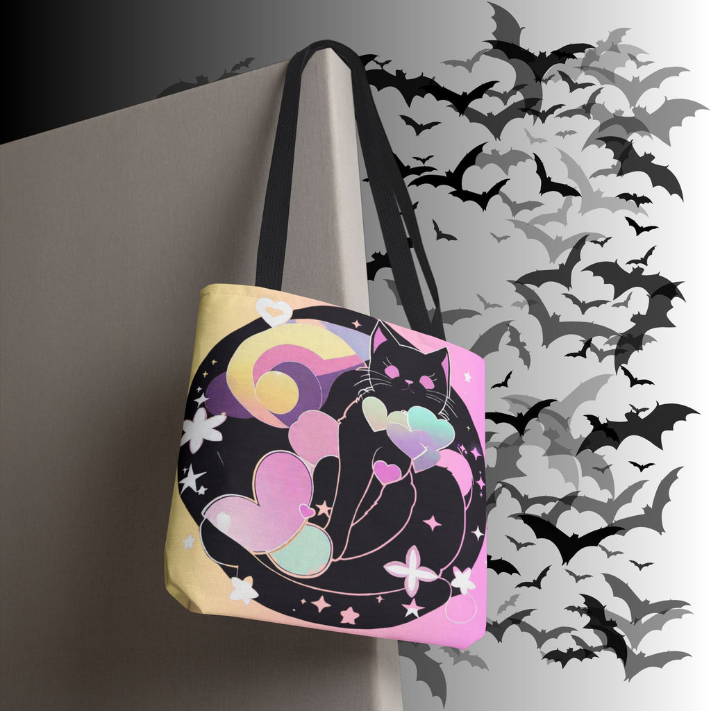 Pastel Goth Black Cat Heart Balloon Tote Bag — Kawaii Moon Print