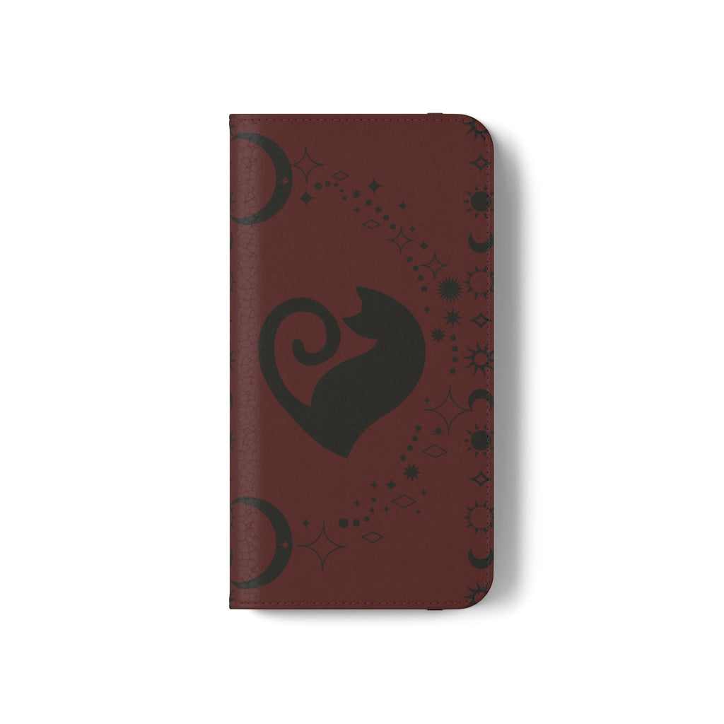 Dark Academia Celestial Black Cat Flip Wallet Case for iPhone and Samsung Galaxy Phones