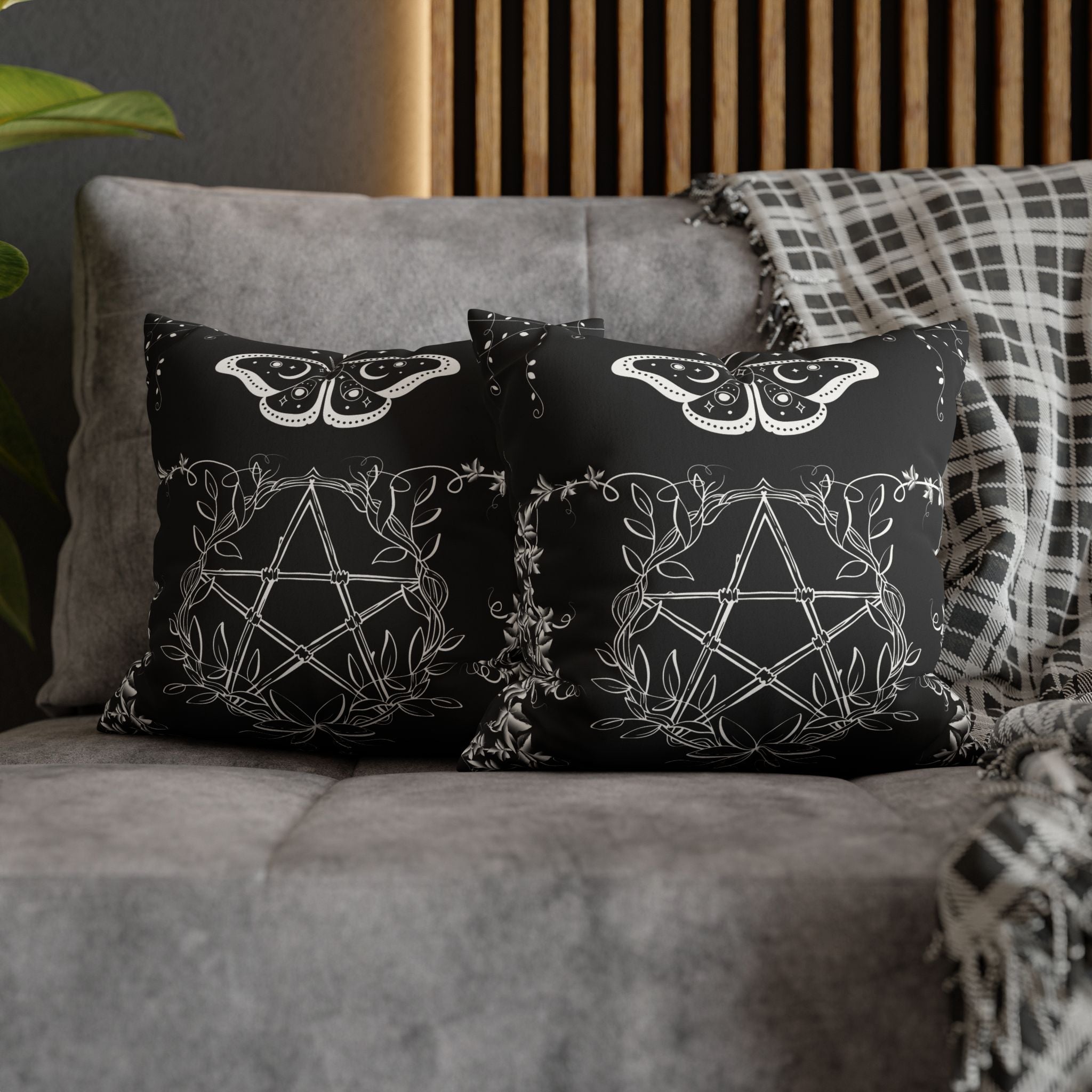 Witchy Moth Pentagram Throw Pillow — Botanical Gothic Dark Home Decor