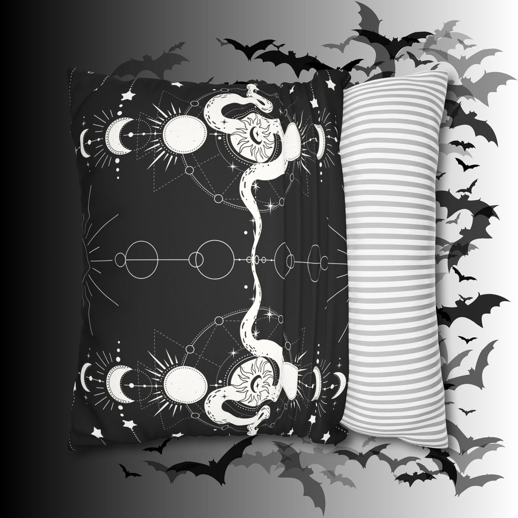 Celestial Snake Moon Phases Throw Pillow — Witchy Gothic Dark Home Decor