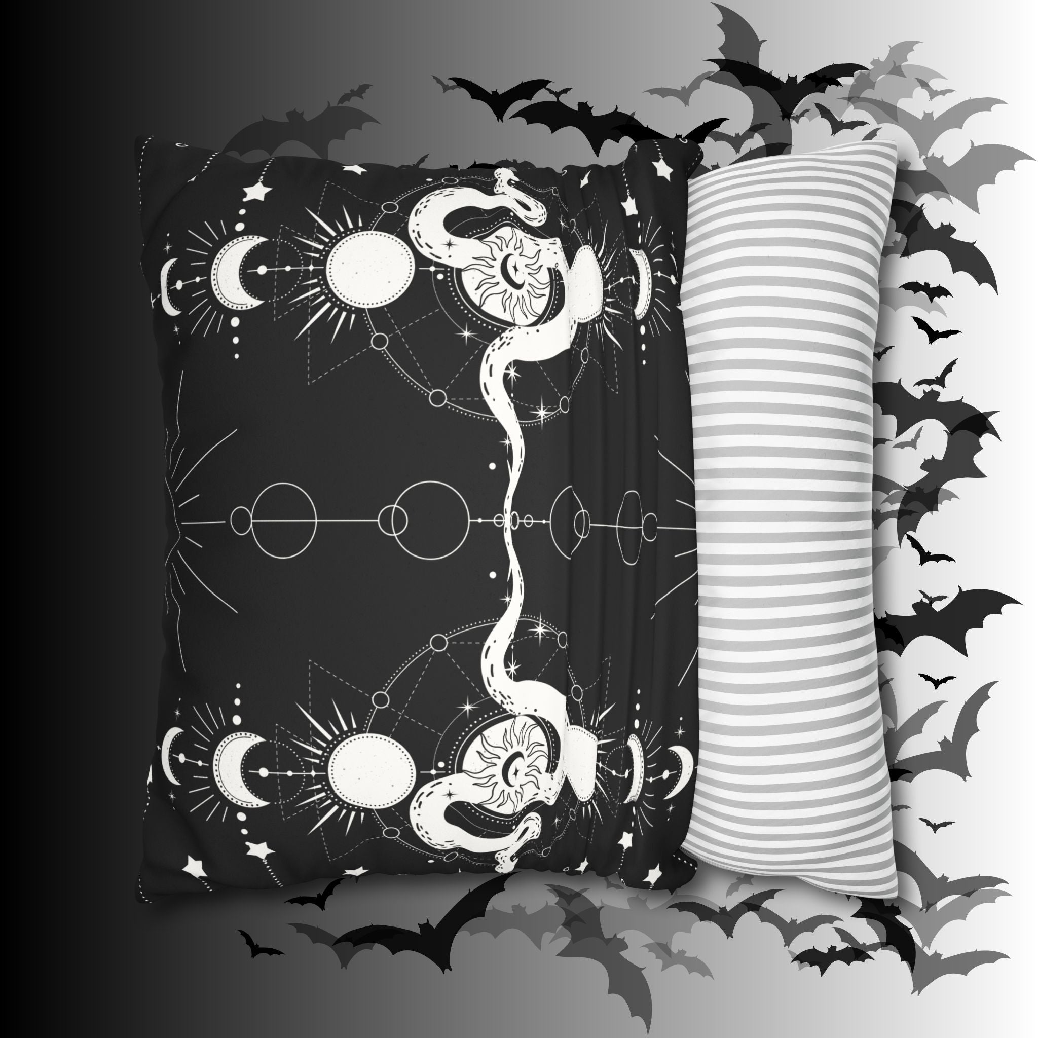 Celestial Snake Moon Phases Throw Pillow — Witchy Gothic Dark Home Decor