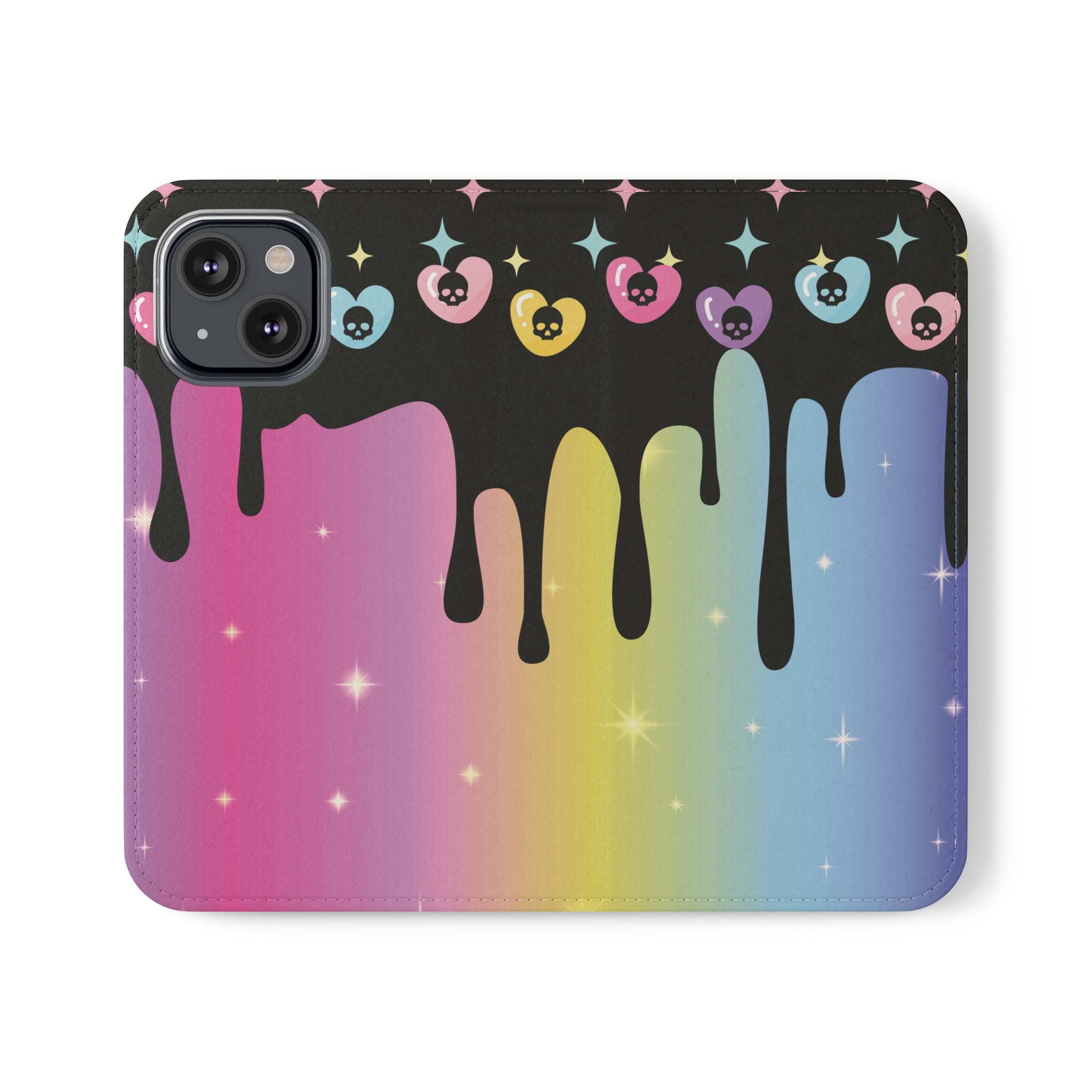 Pastel Goth Drippy Rainbow Skulls Flip Wallet Phone Case - Wallet Case for Samsung and iPhone - Gothic Style Wallet Phone Cases