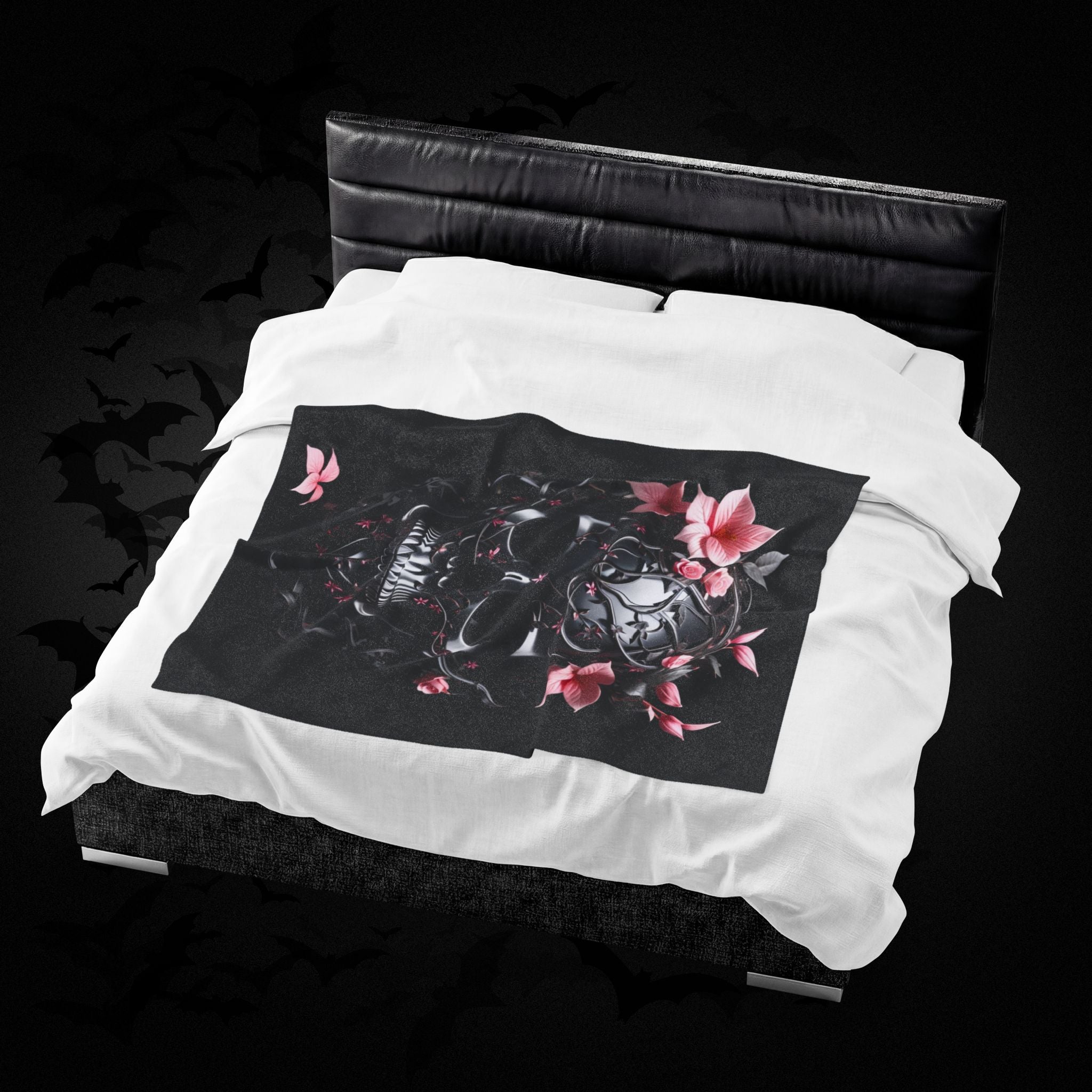 Pastel Goth Black & Pink Botanical Skull Throw Blanket — Dark Floral Home Decor