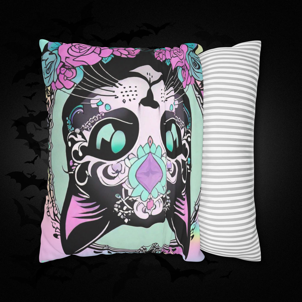 Pastel Goth Sugar Skull Cat Throw Pillow — Floral Gothic Home Decor