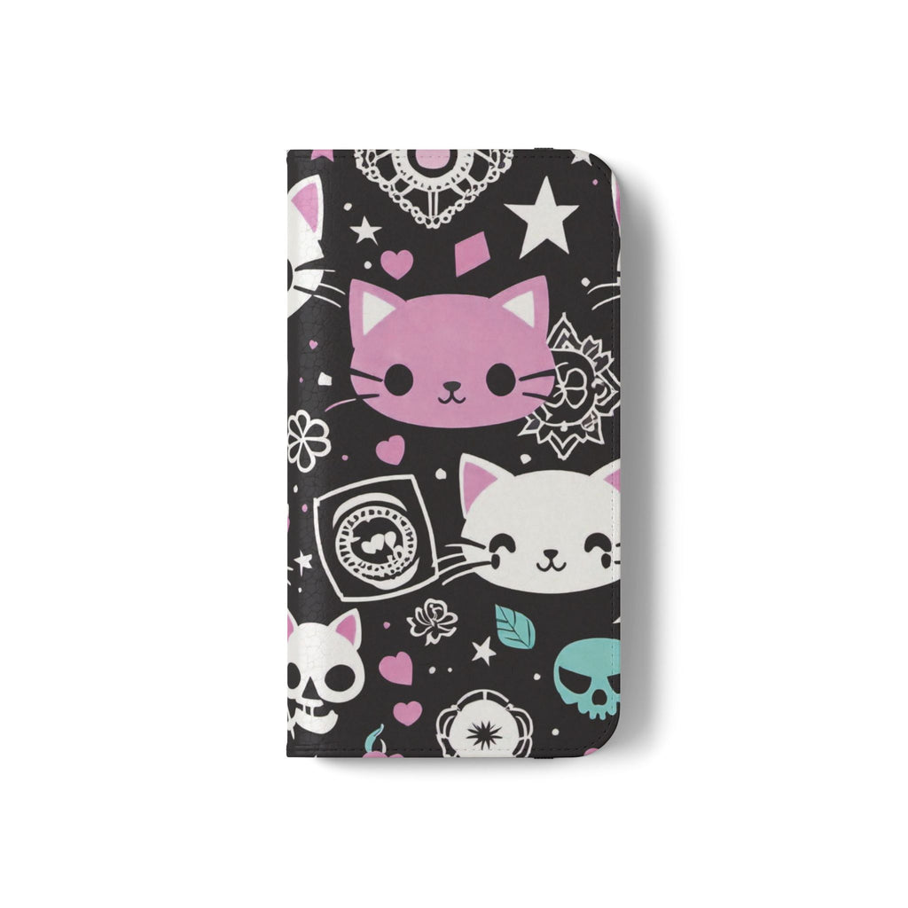 Pastel Goth Cat Flip Wallet Phone Case - Goth Cat Wallet Case for Samsung iPhone - Gothic Style Cats Wallet Phone Cases