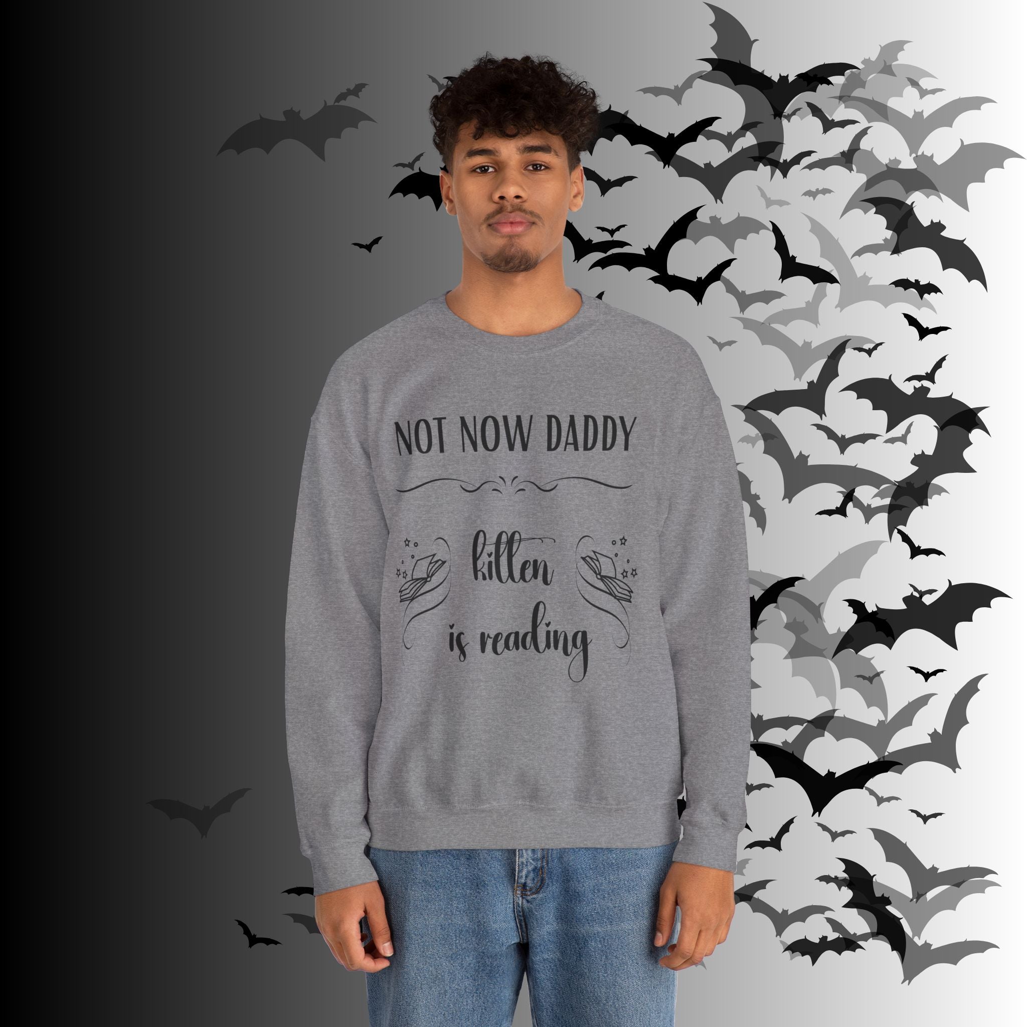Not Now Daddy Kitten Is Reading Crewneck Sweatshirt — Funny Book Lover