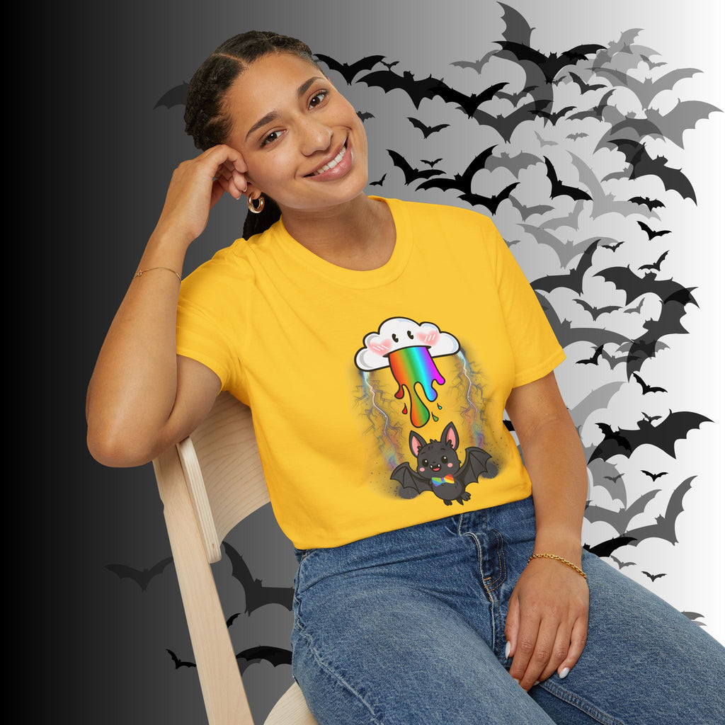 Rainbow Vomit Cloud Bat T-Shirt — Kawaii Goth Pride Unisex Tee
