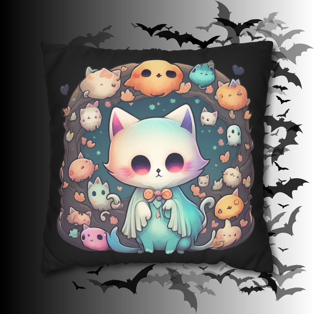 Creepy Cute Kawaii Ghost Cat Throw Pillow — Pastel Goth Dark Home Decor