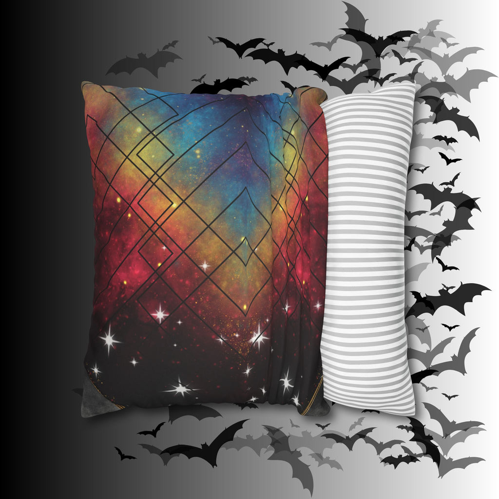 Rainbow Galaxy Geometric Throw Pillow — Celestial Cosmic Dark Home Decor
