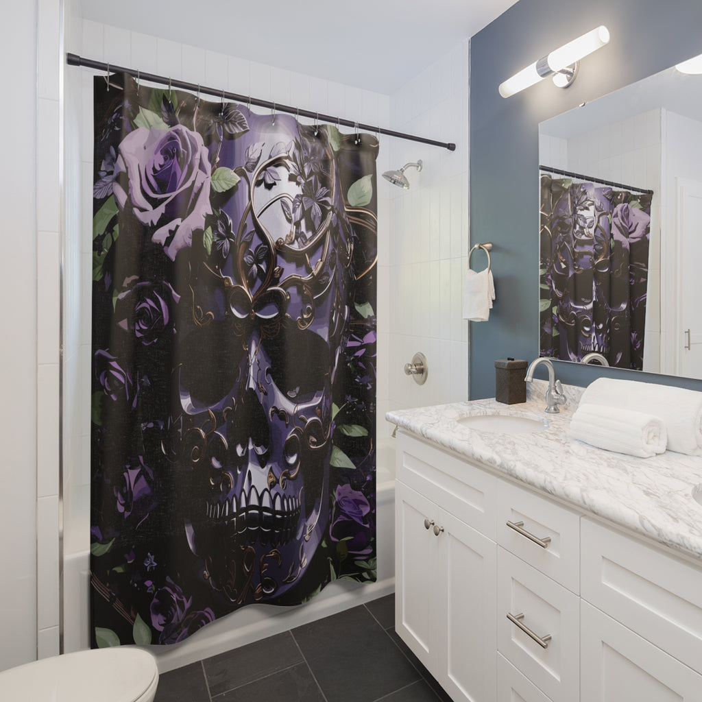 Gothic shower curtain with a large ornate purple and black skull with gold filigree surrounded by deep violet roses and dark green leaves displayed in a white bathroom