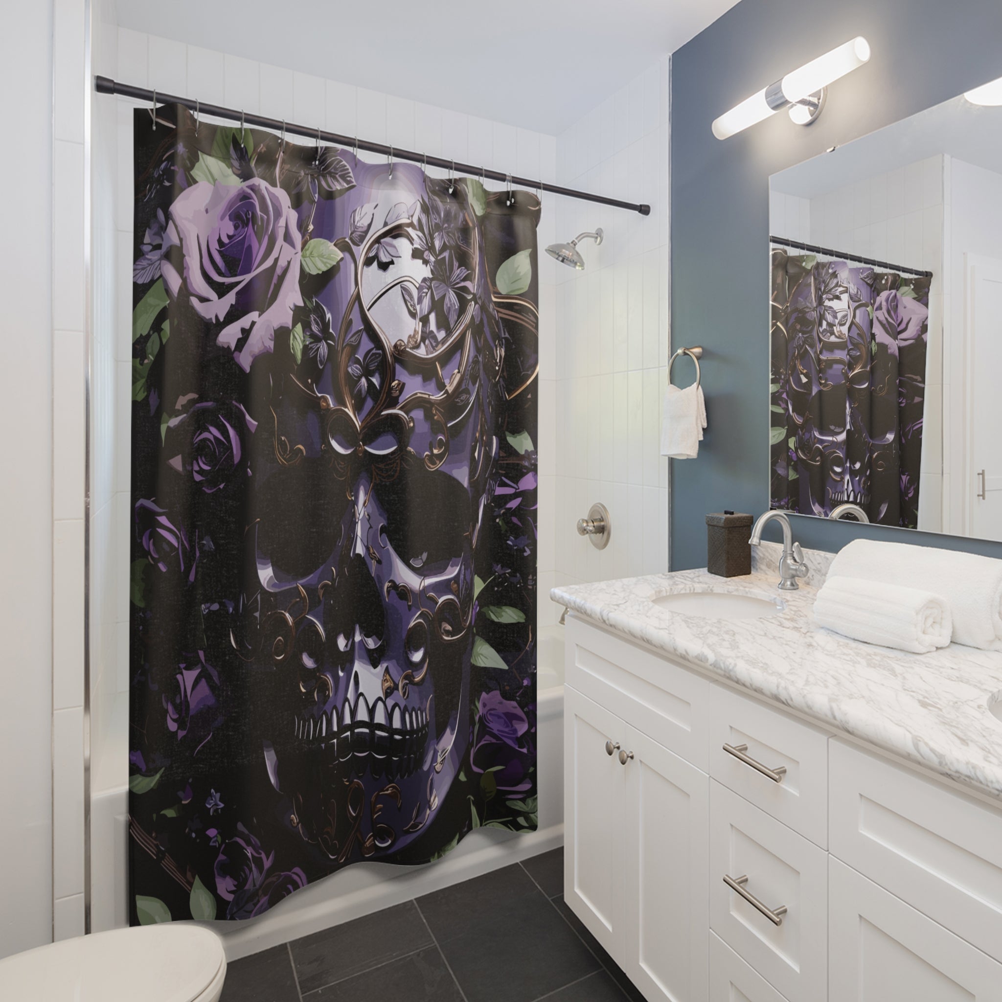 Gothic shower curtain with a large ornate purple and black skull with gold filigree surrounded by deep violet roses and dark green leaves displayed in a white bathroom