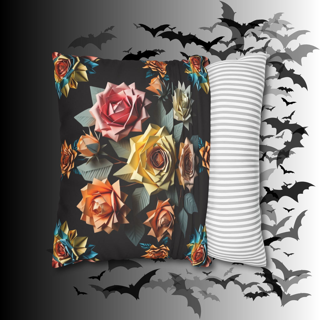 Gothic Origami Rose Throw Pillow — Dark Floral Botanical Home Decor