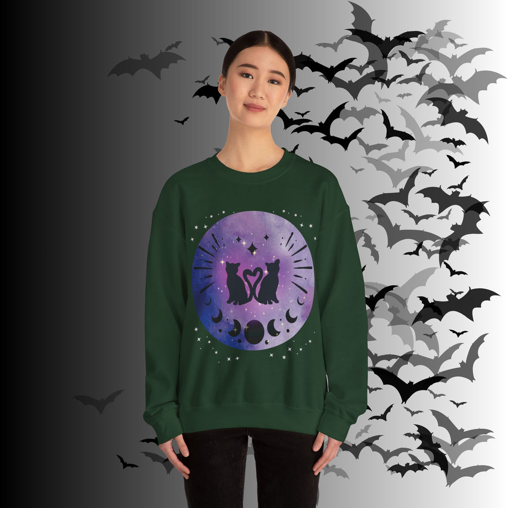 Celestial Twin Cats Heart Moon Crewneck Sweatshirt — Witchy Moon Phase