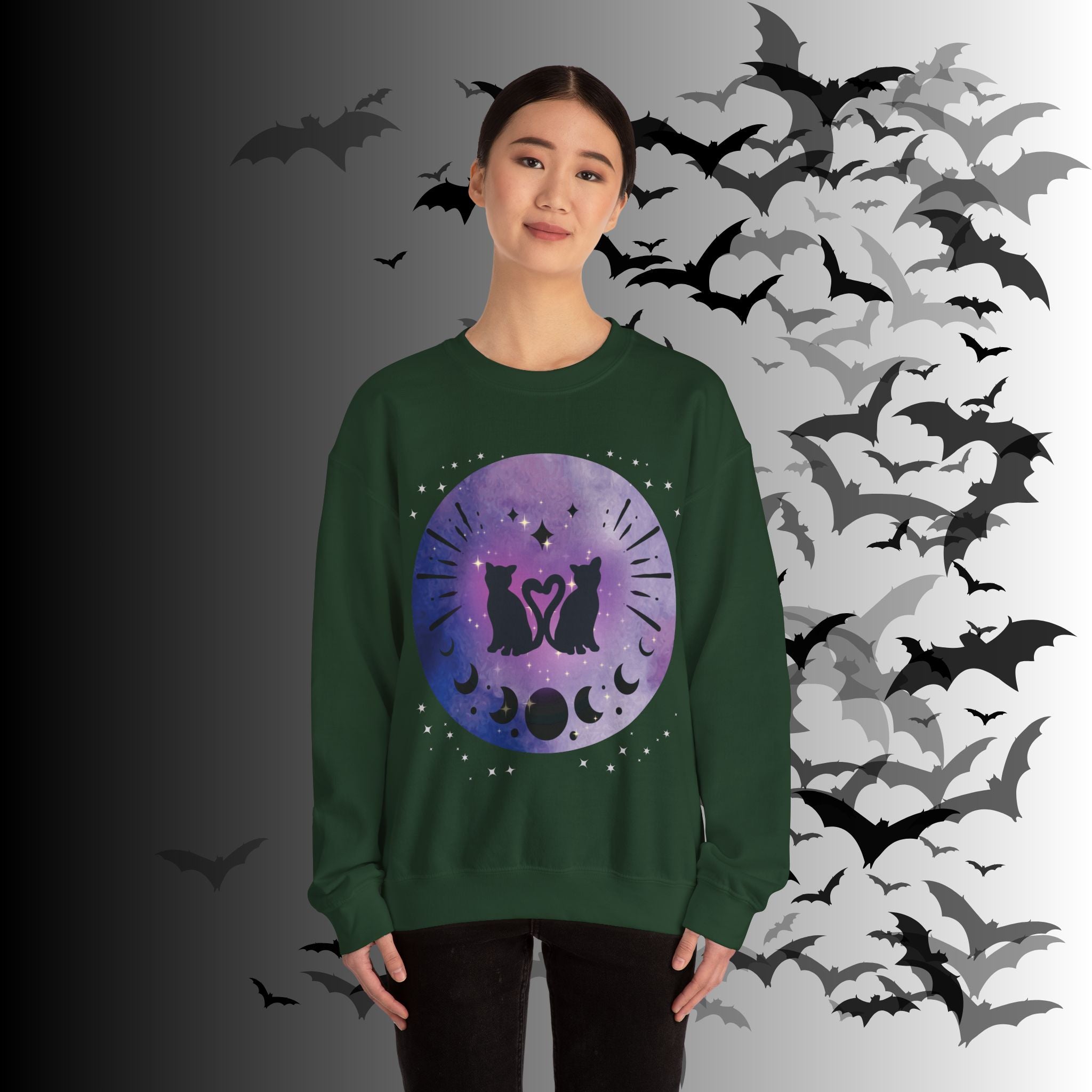 Celestial Twin Cats Heart Moon Crewneck Sweatshirt — Witchy Moon Phase