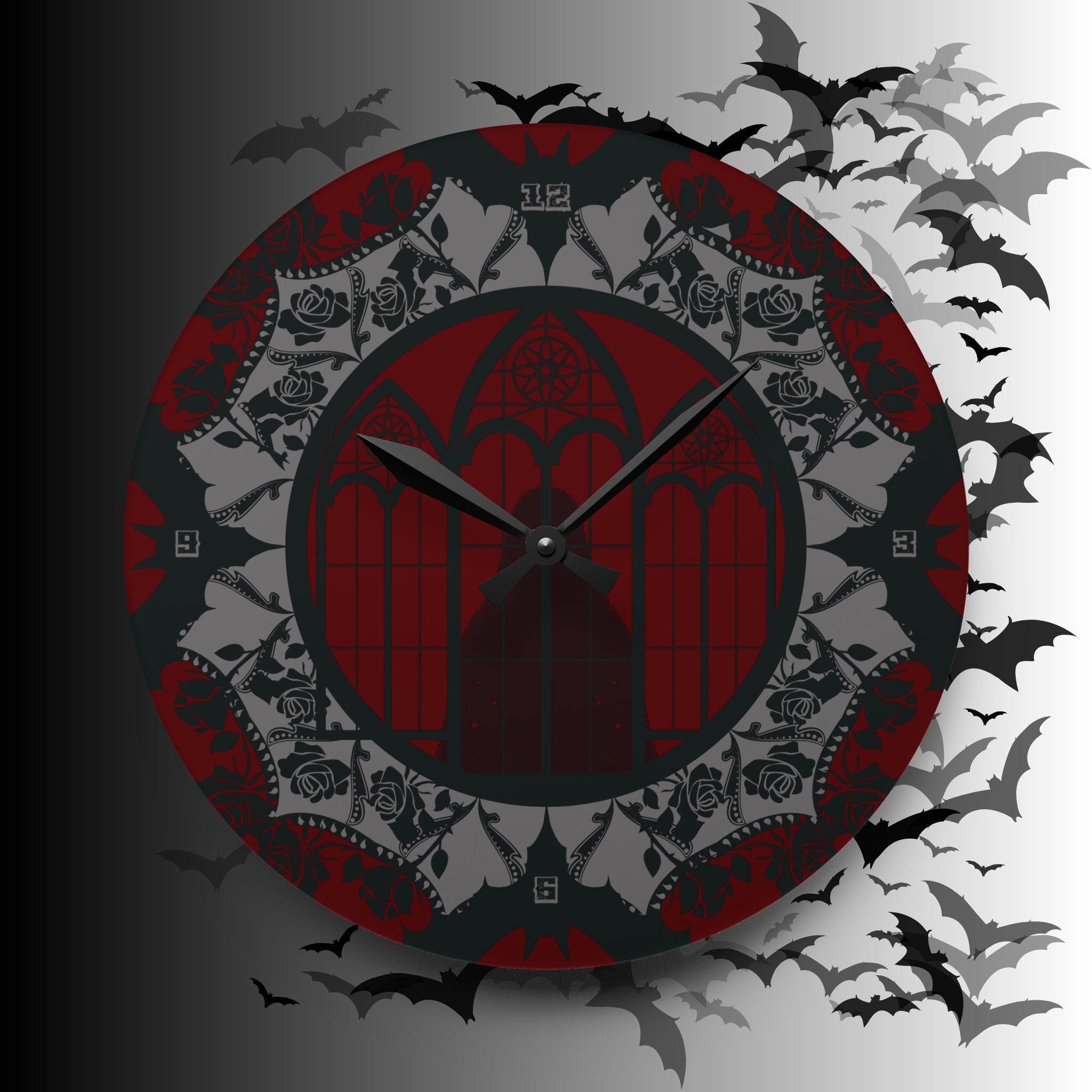 Gothic Cathedral Bats Wall Clock — Black Red Acrylic Art Print Home Decor