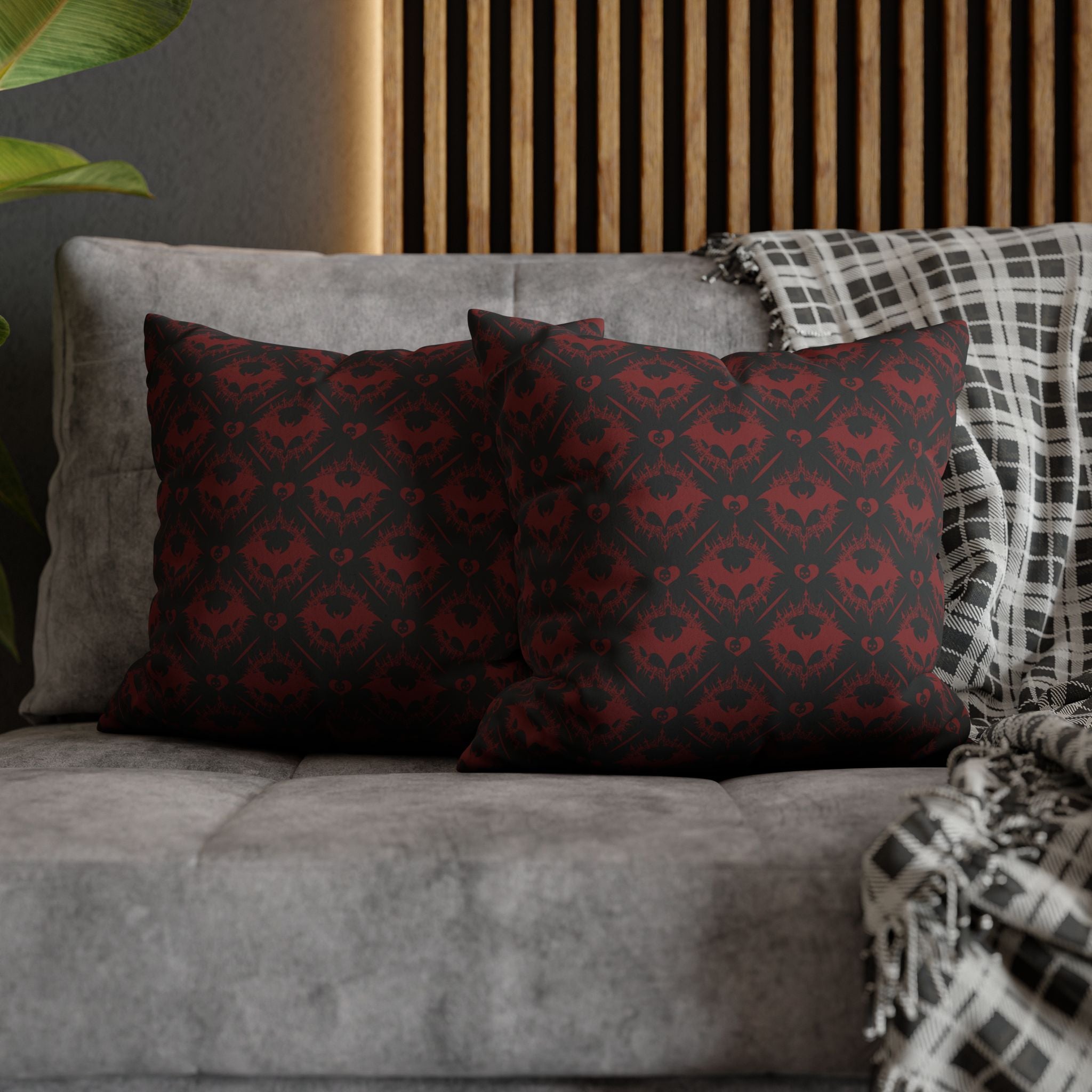 Gothic Bat Diamond Pattern Throw Pillow — Midnight Black Dark Home Decor