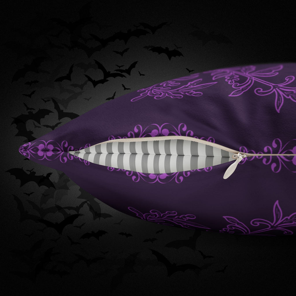 Purple Gothic Floral Skull Throw Pillow — Baroque Botanical Dark Home Decor