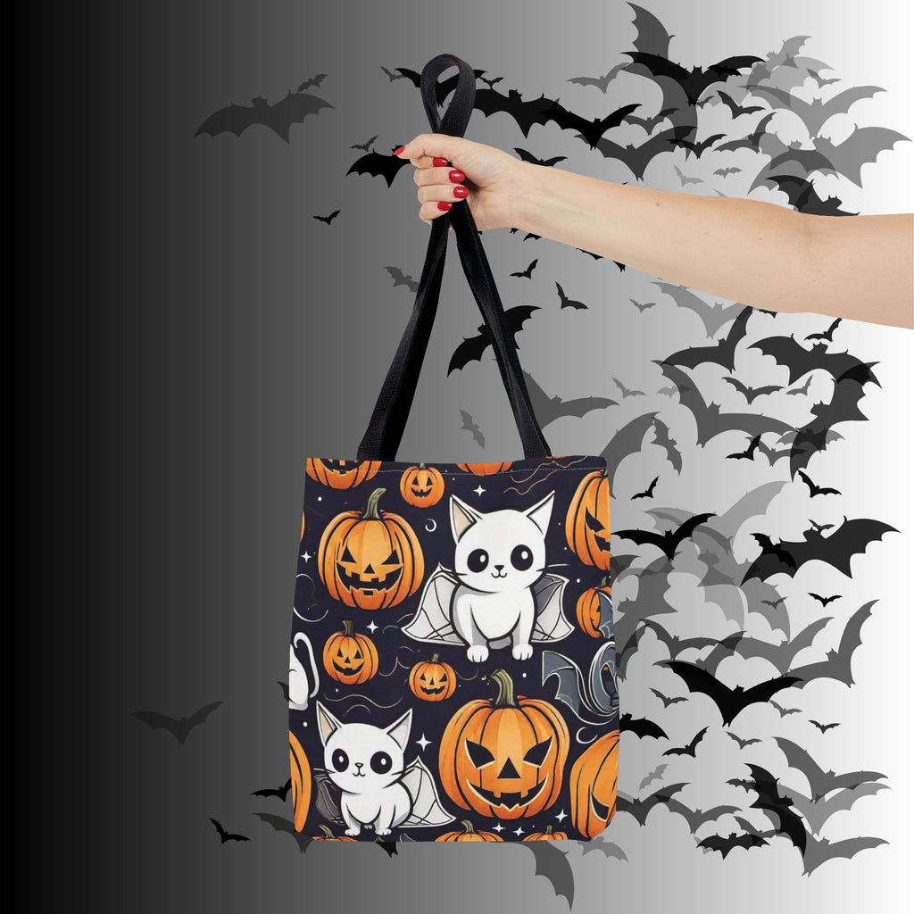 Kawaii Bat Cat Halloween Tote Bag — Spooky Pumpkin Pattern