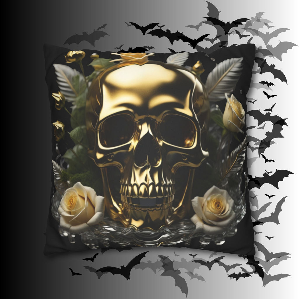 Gold Skull Botanical Throw Pillow — Dark Floral Gothic Home Decor