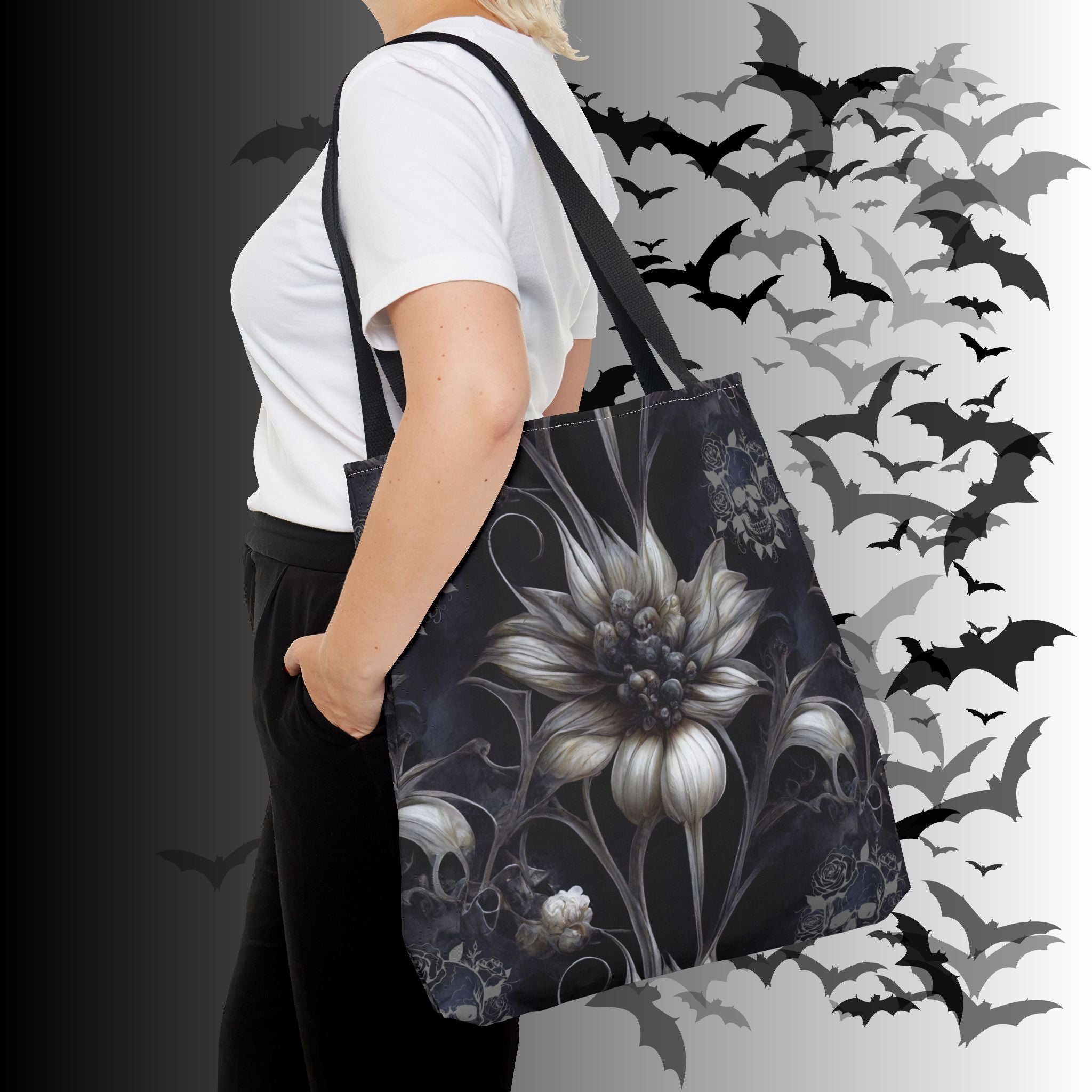 Gothic Botanical Skull Tote Bag — Dark Floral All-Over Print