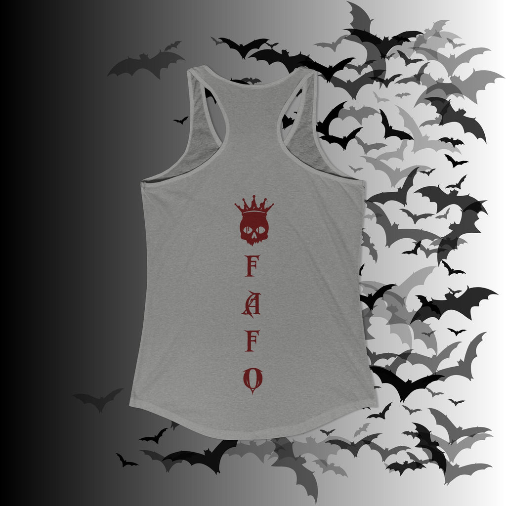 "FAFO" I Identify As A Threat Racerback Tank Top — White Print Front & Back