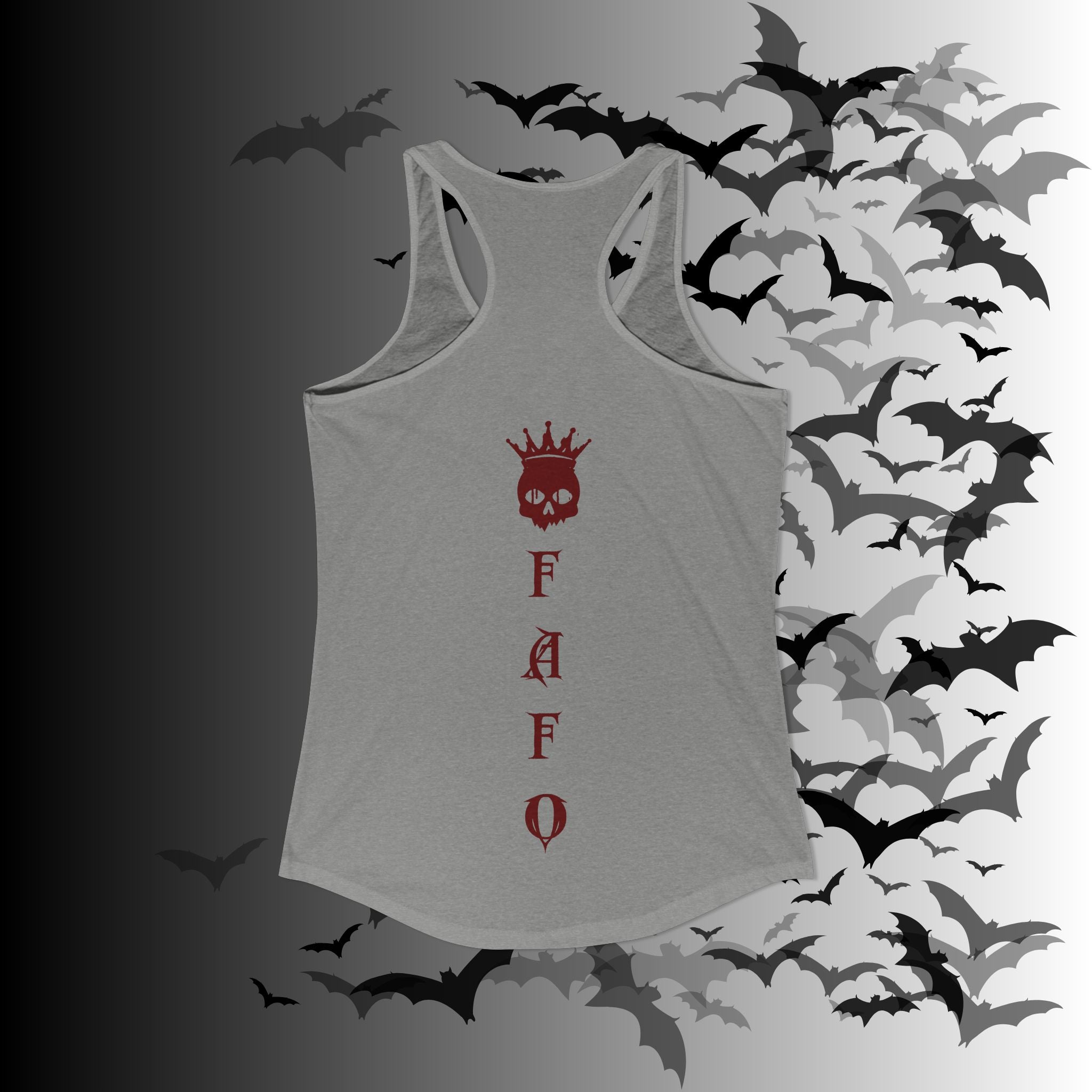 "FAFO" I Identify As A Threat Racerback Tank Top — White Print Front & Back
