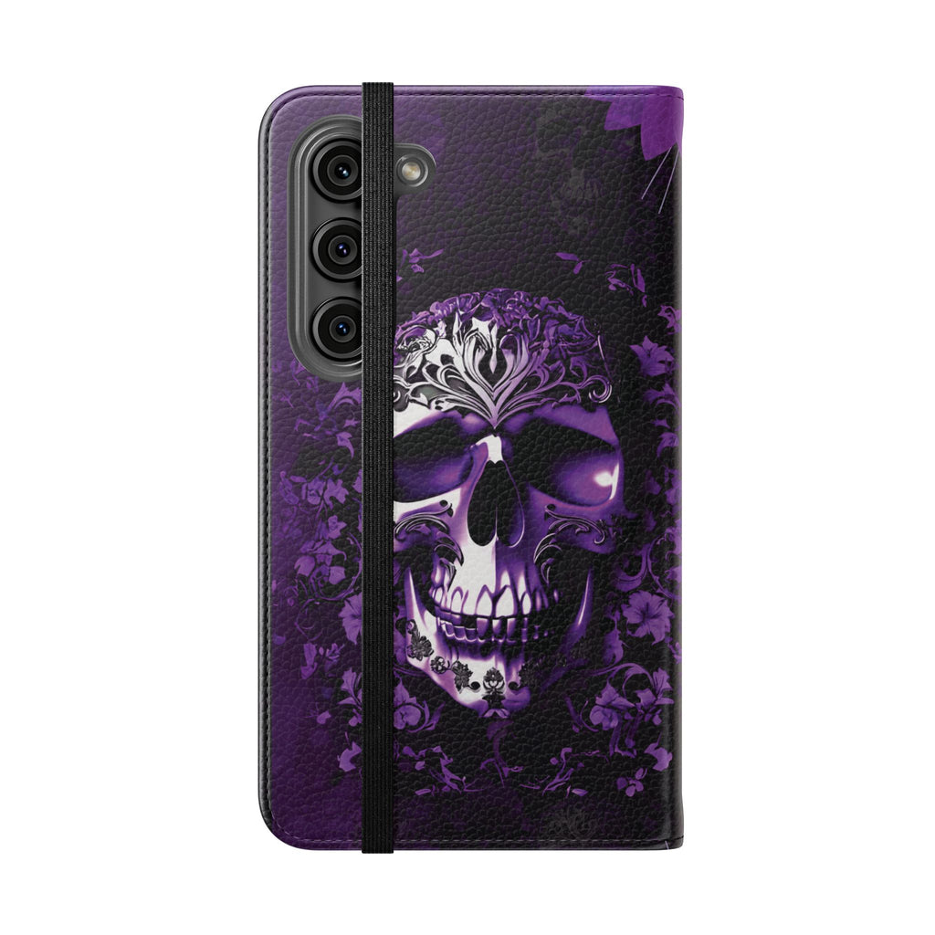 Purple Pastel Goth Skull Flip Wallet Phone Case - Skull Wallet Case for Samsung iPhone - Gothic Style Skull Wallet Phone Cases