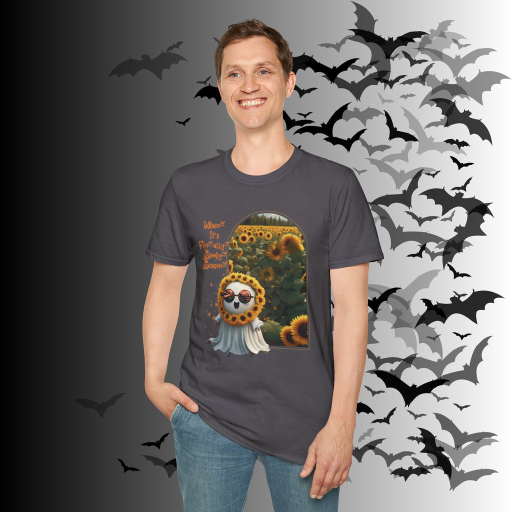 "When It's Finally Spooky Season" Ghost Sunflower T-Shirt — Halloween Tee