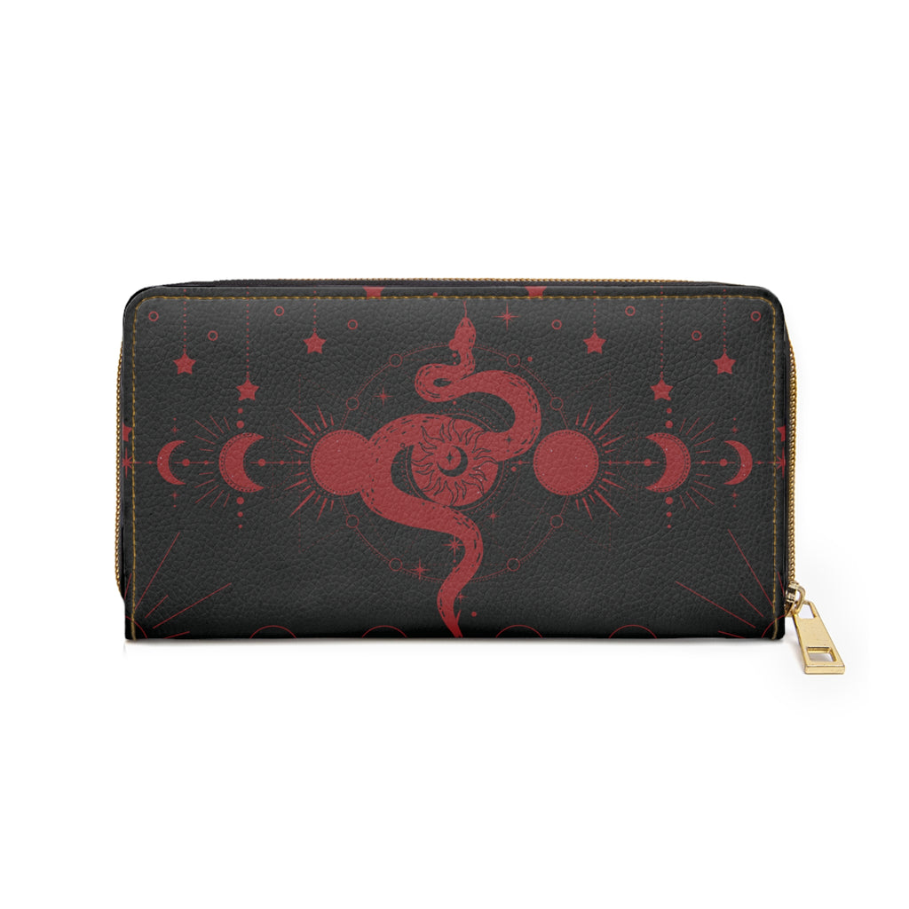 Gothic Celestial Snake Moon Phase Wallet | Witchy Faux Leather Zipper Clutch