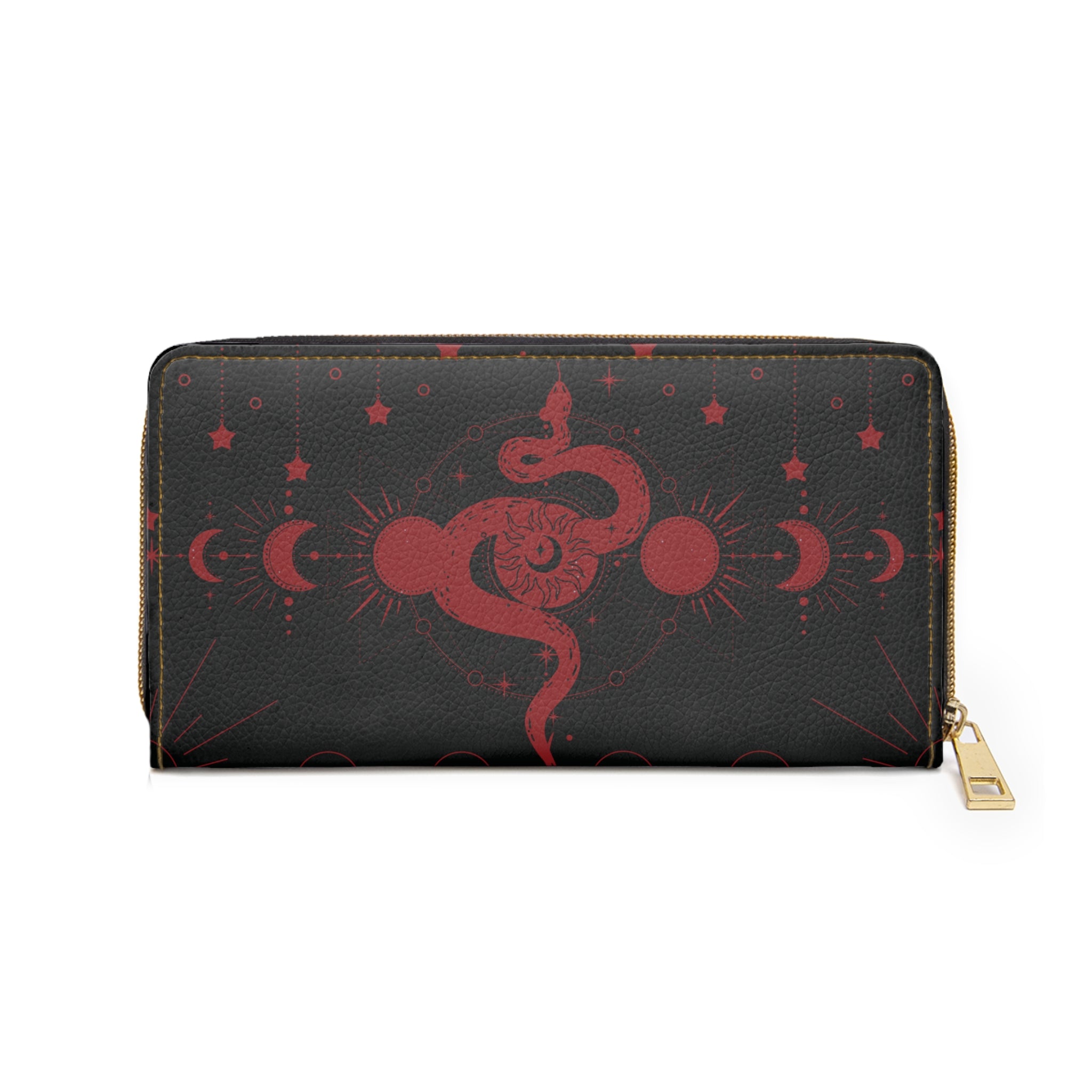 Gothic Celestial Snake Moon Phase Wallet | Witchy Faux Leather Zipper Clutch