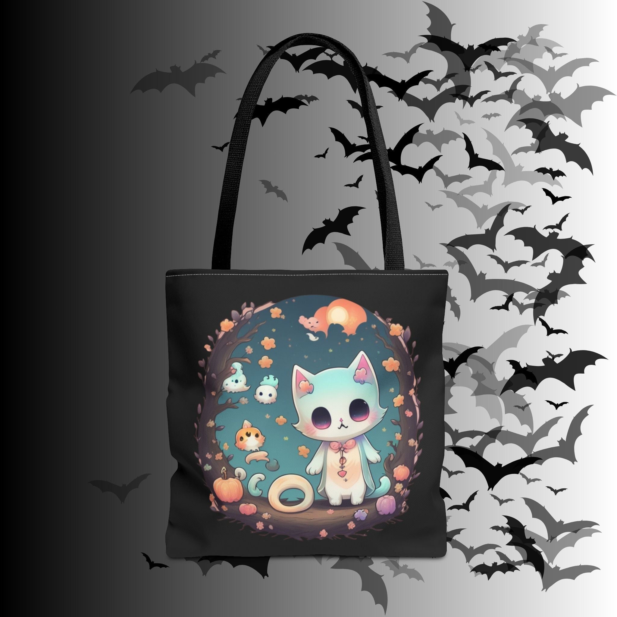 Pastel Goth Kawaii Cat Halloween Tote Bag — Moonlit Forest Scene