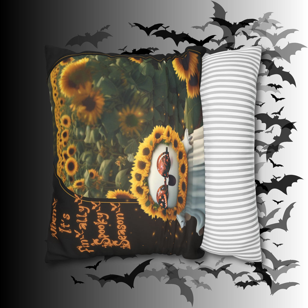 Spooky Season Ghost Sunflower Throw Pillow — Halloween Dark Home Decor
