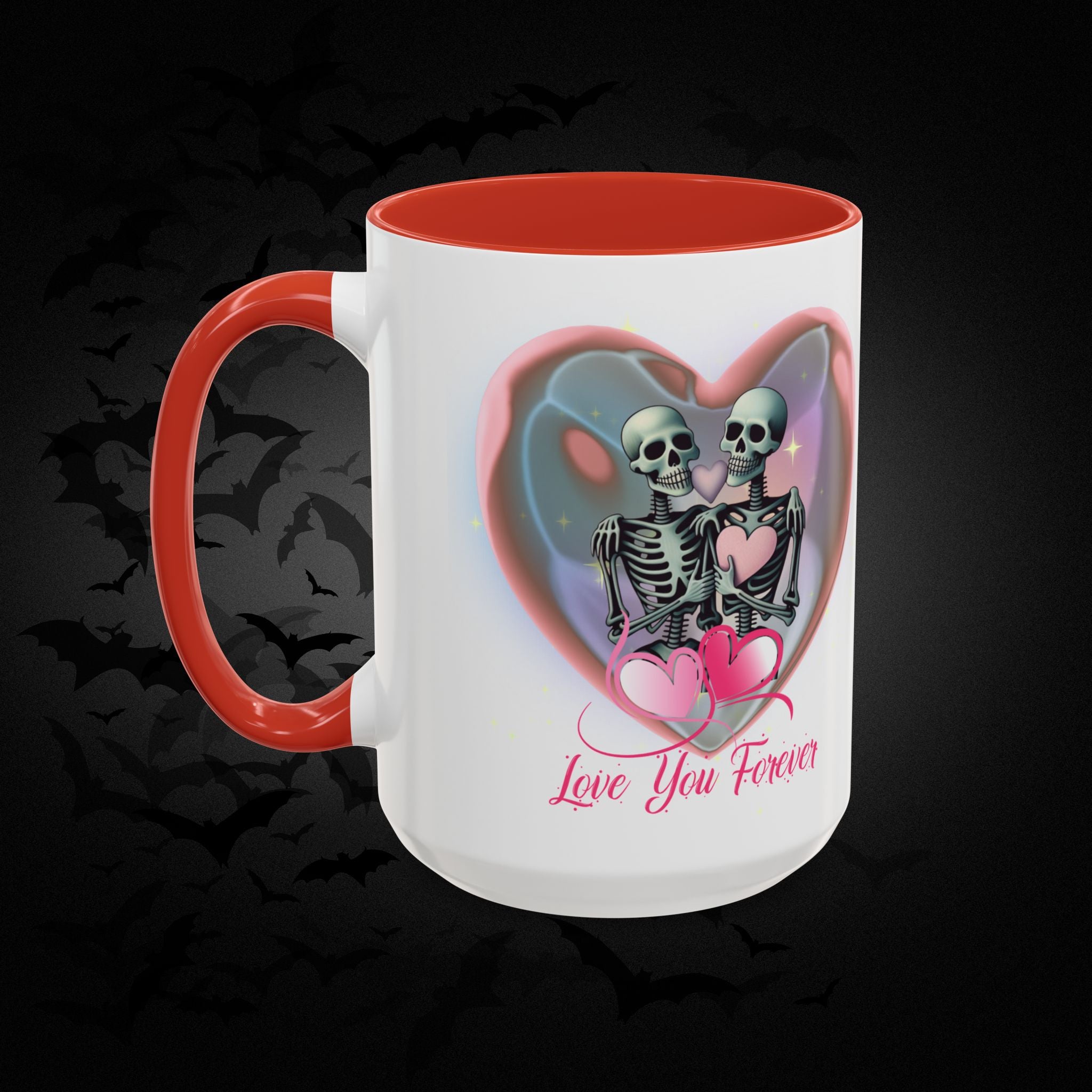 Love You Forever Valloween Coffee Mug — Skeleton Couple Heart Design (11/15oz)