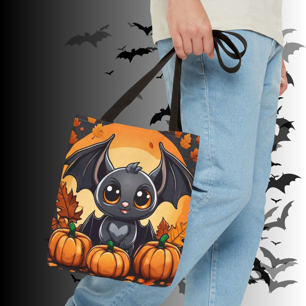 Kawaii Bat & Pumpkin Halloween Tote Bag — Autumn Full Moon Print