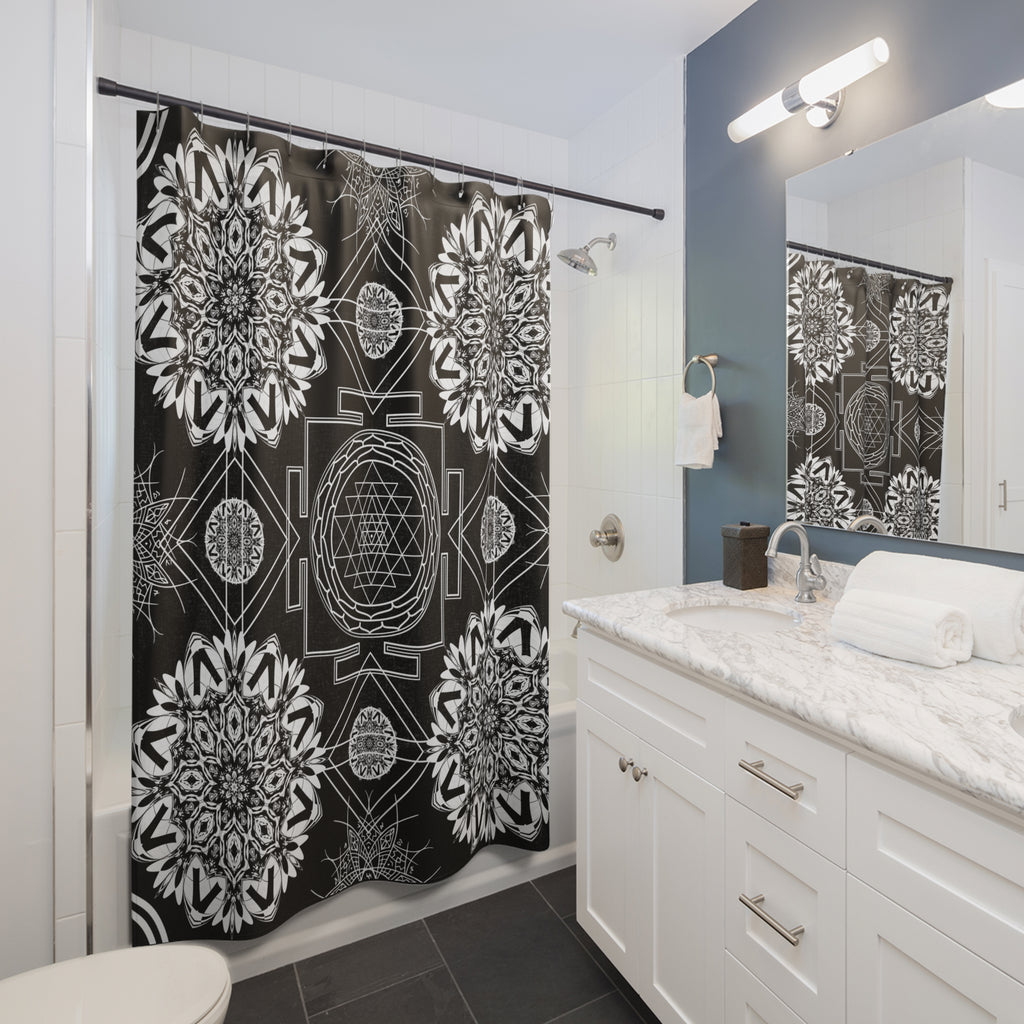 Mystical shower curtain with a central Sri Yantra sacred geometry diagram surrounded by intricate white mandala snowflakes and geometric linework on deep black displayed in a white bathroom